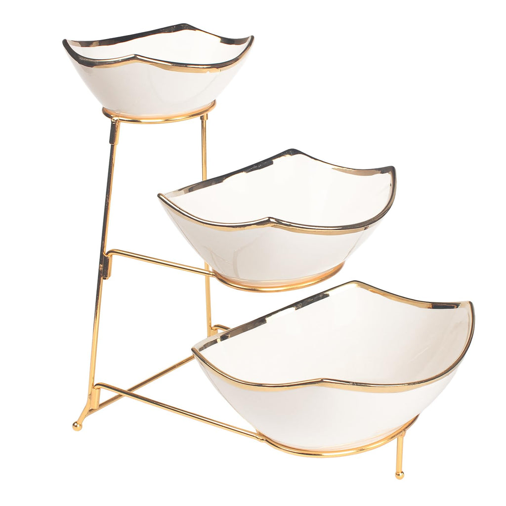 LIUYWYHCF 3-Tier Serving Rack with Ceramic Serving Bowls, Foldable Gold Stand with 3 Pieces 7.1"+8.5"+10.2" Gold Rim Large Bowls, Bowl for Food Display, Fruit, Dessert Server Display and Entertaining