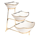 LIUYWYHCF 3-Tier Serving Rack with Ceramic Serving Bowls, Foldable Gold Stand with 3 Pieces 7.1"+8.5"+10.2" Gold Rim Large Bowls, Bowl for Food Display, Fruit, Dessert Server Display and Entertaining