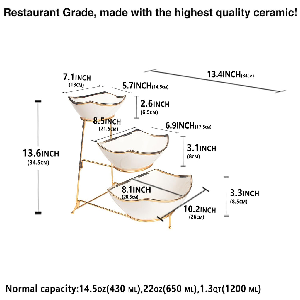 LIUYWYHCF 3-Tier Serving Rack with Ceramic Serving Bowls, Foldable Gold Stand with 3 Pieces 7.1"+8.5"+10.2" Gold Rim Large Bowls, Bowl for Food Display, Fruit, Dessert Server Display and Entertaining