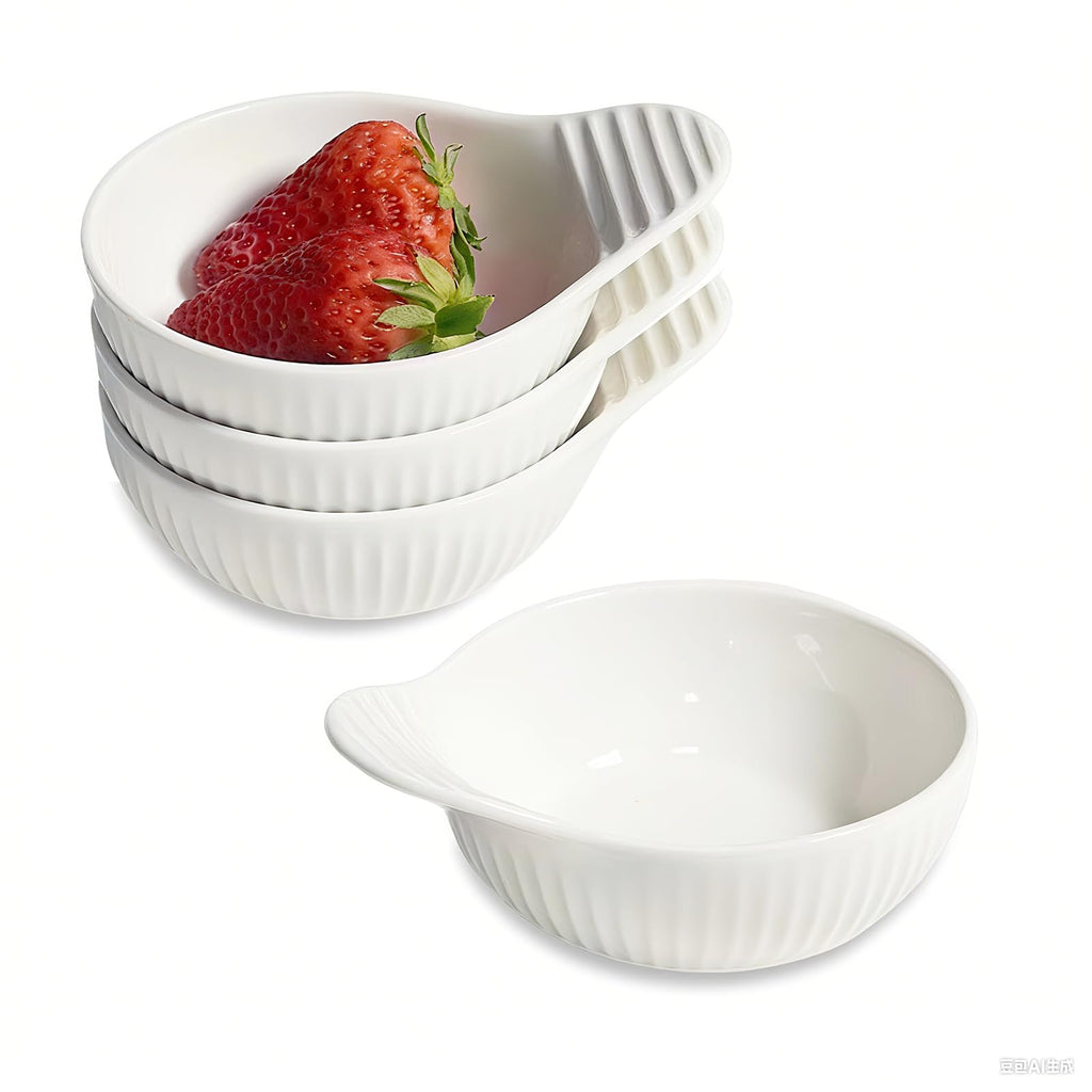 TANZOIJI Porcelain Sauce Bowls with Handle, White, 4 oz / 4 Inch, Microwave Dishwasher Oven Safe, Small Ceramic Serving Bowls for Dipping Snacks Condiments Dessert, Set of 4