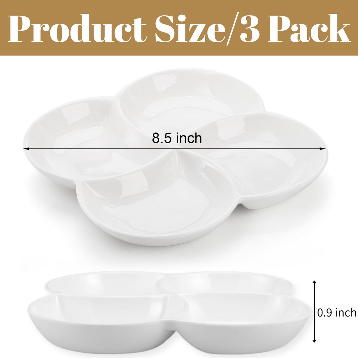ZENFUN Set of 3 Porcelain Appetizer Platter with 4 Compartment, Flower-shaped Candy and Nut Serving Tray Snack Serving Plate Dishes for Vegetables, Fruit, Dessert, 8.5'' x 8.5'', White
