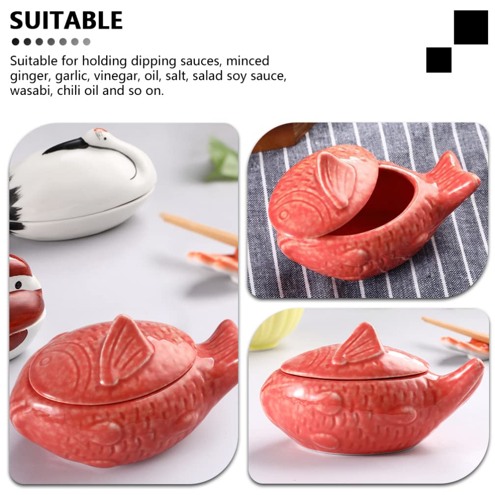Yardwe Fish-Shaped Ceramic Sauce Bowl with Lid 4.3 Inch Porcelain Condiment Container for Kitchen Dining and Japanese Style Serving