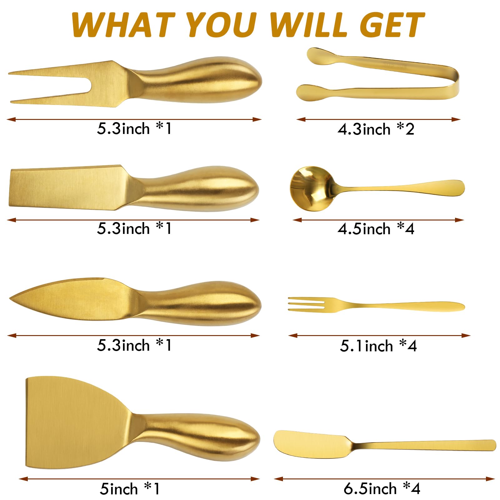 YECERCAN 18 pieces Charcuterie Board Accessories, Gold Stainless Steel Cheese Knives, Butter Knife Spreader, Appetizer Forks, Mini Serving Tongs Spoons for Gathering Wedding Birthday...