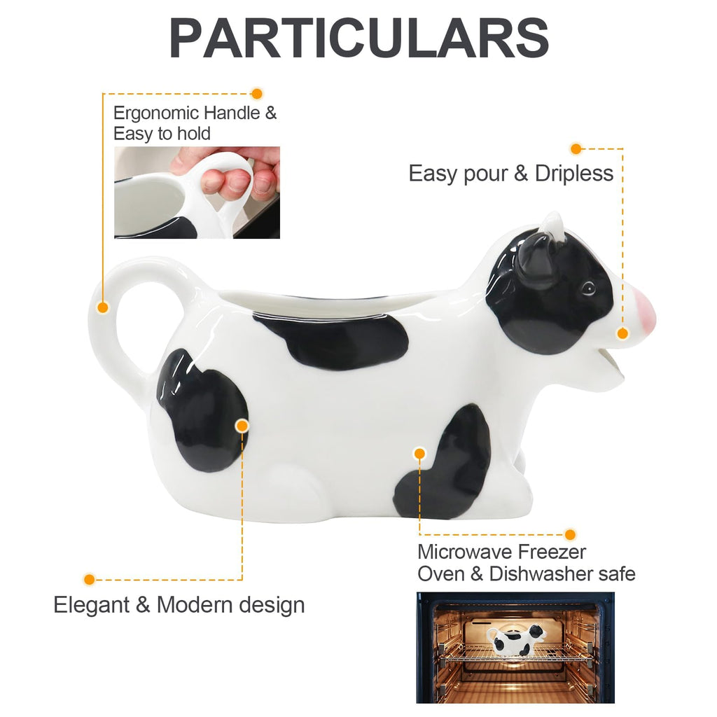 Ceramic Gravy Boat, 11oz/300ml White Gravy Boat Milk Cow Sauce Jug with Smooth Handle - Perfect for Salad Dressing, Broth, Cream, Milk - Unique Artwork for Your Kitchen