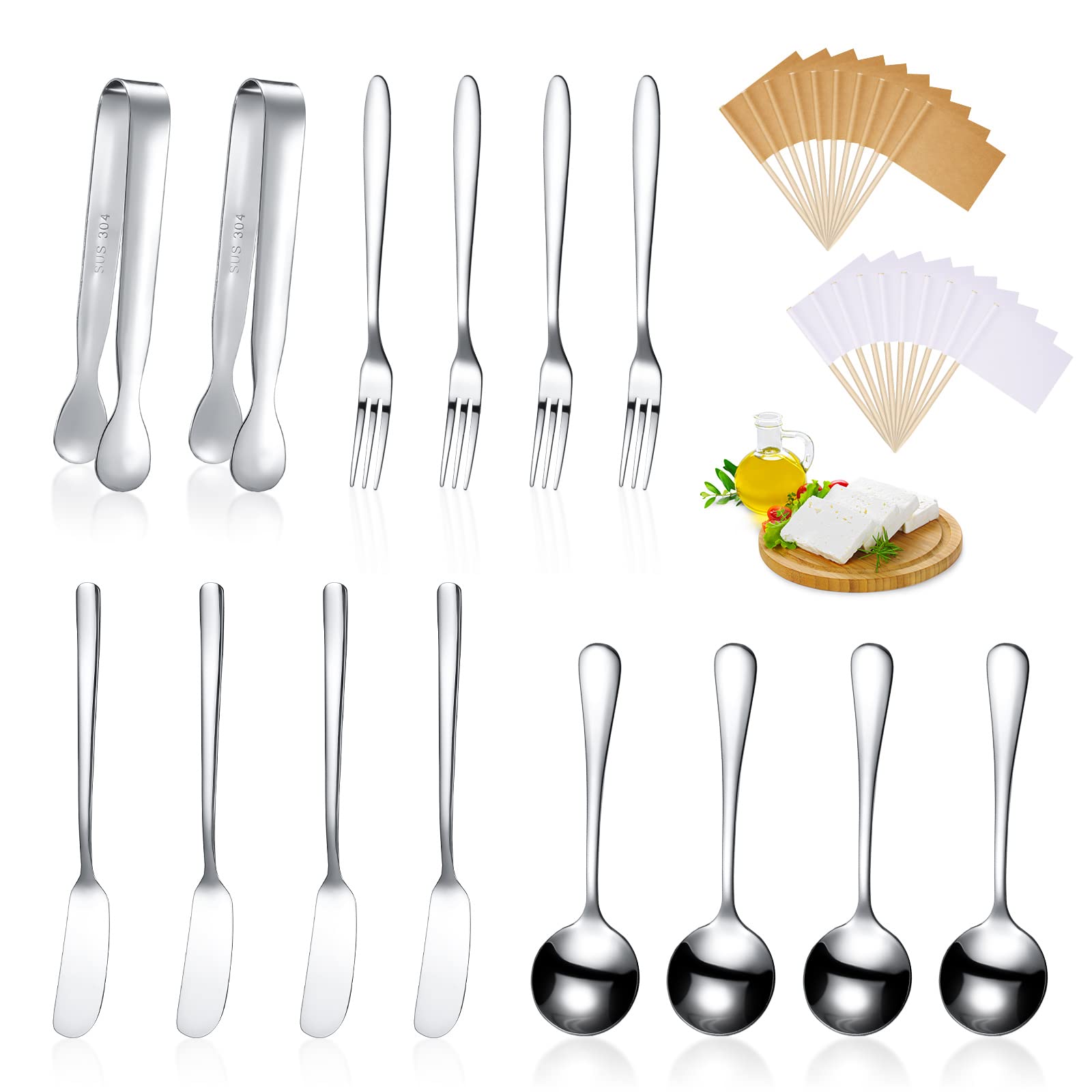 Patelai Charcuterie Boards Accessories Charcuterie Utensils Set Cheese Butter Spreader Knives Stainless Steel Mini Serving Tongs Spoons Forks and Toothpick Flags for Appetizers Pastry(Silver)