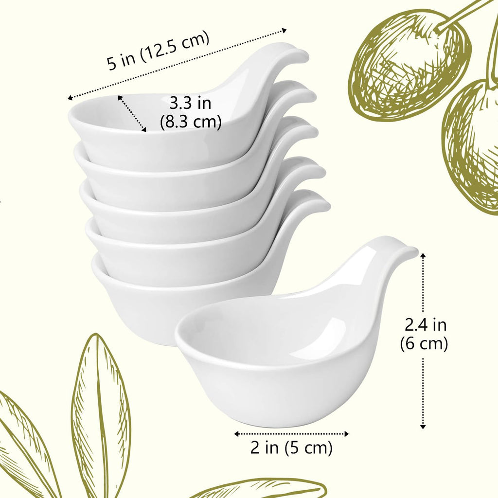 Flexzion Ceramic Dipping Bowls, Small Bowls for Dipping with Handle, Condiment Cups Soy Sauce Dish, Porcelain Ramekins, Sauce Holders, Containers for Small Side Dishes Dips - 3 oz, Set of 6, White