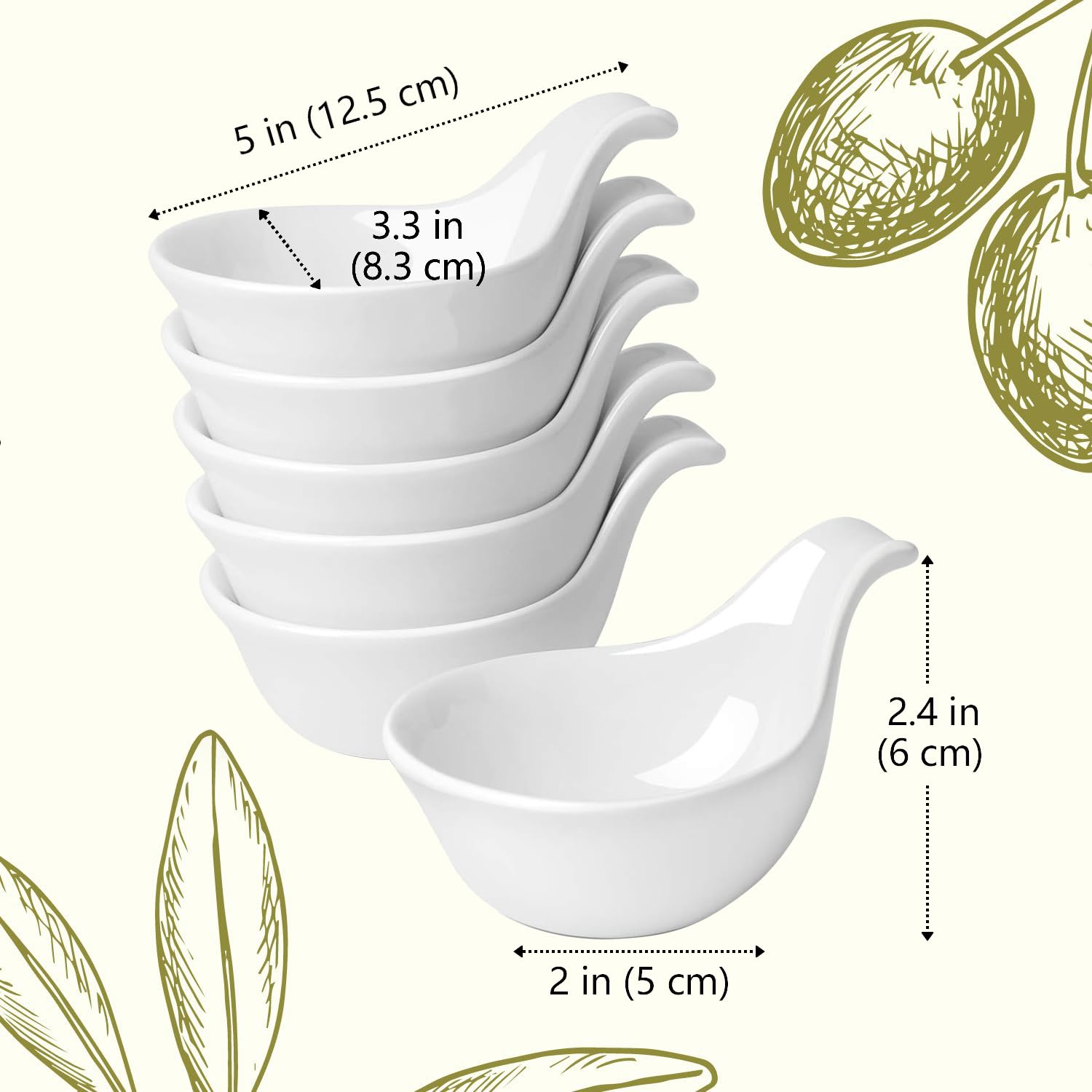 Flexzion Ceramic Dipping Bowls, Small Bowls for Dipping with Handle, Condiment Cups Soy Sauce Dish, Porcelain Ramekins, Sauce Holders, Containers for Small Side Dishes Dips - 3 oz, Set of 6, White