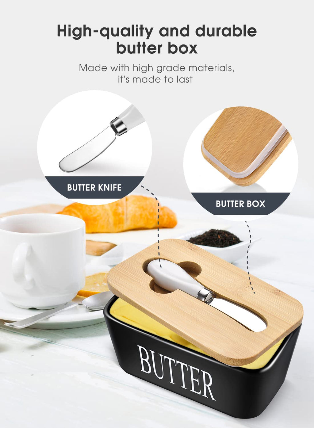 Butter Dish with Lid: Large Butter Dish for Countertop - Ceramic Butter Keeper Container with Knife and High-Quality - Silicone Sealing Butter Box for Home Decor Good Kitchen Gift Black