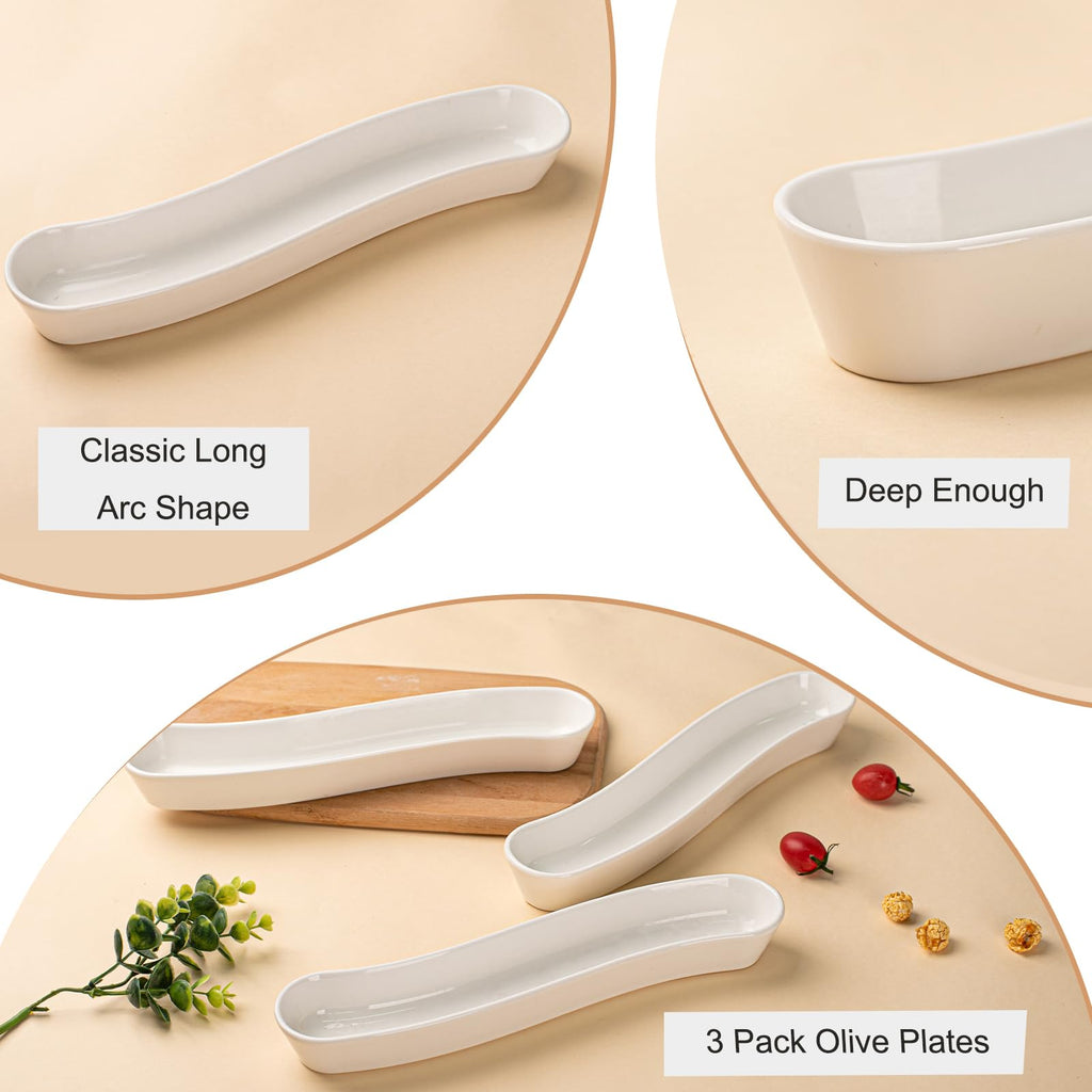 3-Pack Olive Plates-Versatile Ceramic Olive Tray for Snacks, Appetizers Platter-Long Arc Shape Boat Tableware for Entertaining and Displaying Appetizers-Dishwasher & Microwave Safe (12 inches)