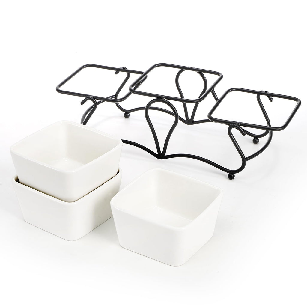 Eorbow 10 OZ Square Bowl Chip & Dip Serving Set, 3 Pieces Ceramic Condiment Server with Metal Stand, Serving Dish Tray for Party Entertaining, Small Snack Platters for Side Dish Appetizer Nuts