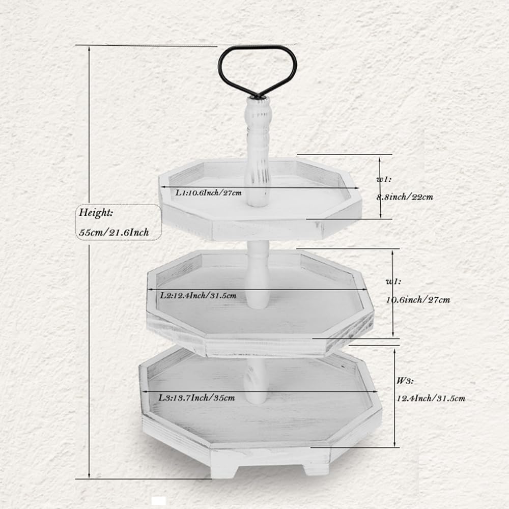 3 Tiered Tray Stand White Tier Serving Tray, Three Decorative Trays, Wooden Cupcake Stand 3 Tiered Farmhouse Tray for Home Decor(L 13.8” W 12.5” H 21.8”)