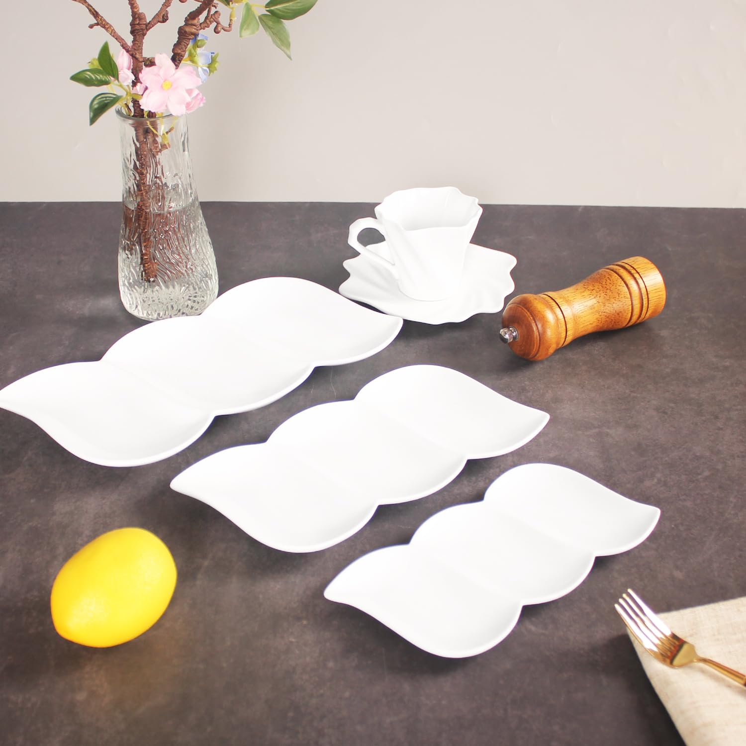 Creativity Home Chip and Dip Serving Set Porcelain Tray Deep Divided Bowl,Set of 4 Divided Platters/Divided Bowls,Lunch&buffet tableware,for Dishwashers,microwaves,ovens safety 10.4 Inch