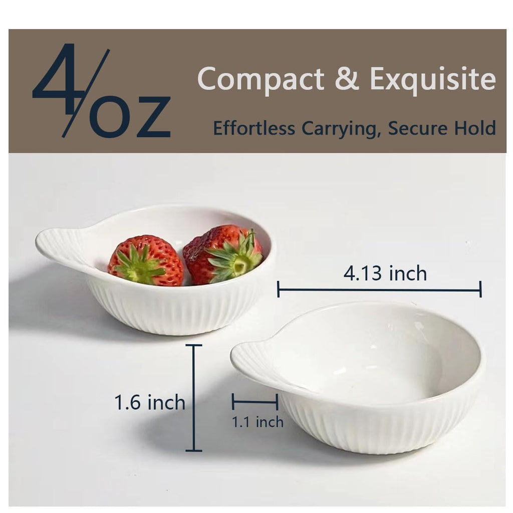 TANZOIJI Porcelain Sauce Bowls with Handle, White, 4 oz / 4 Inch, Microwave Dishwasher Oven Safe, Small Ceramic Serving Bowls for Dipping Snacks Condiments Dessert, Set of 4