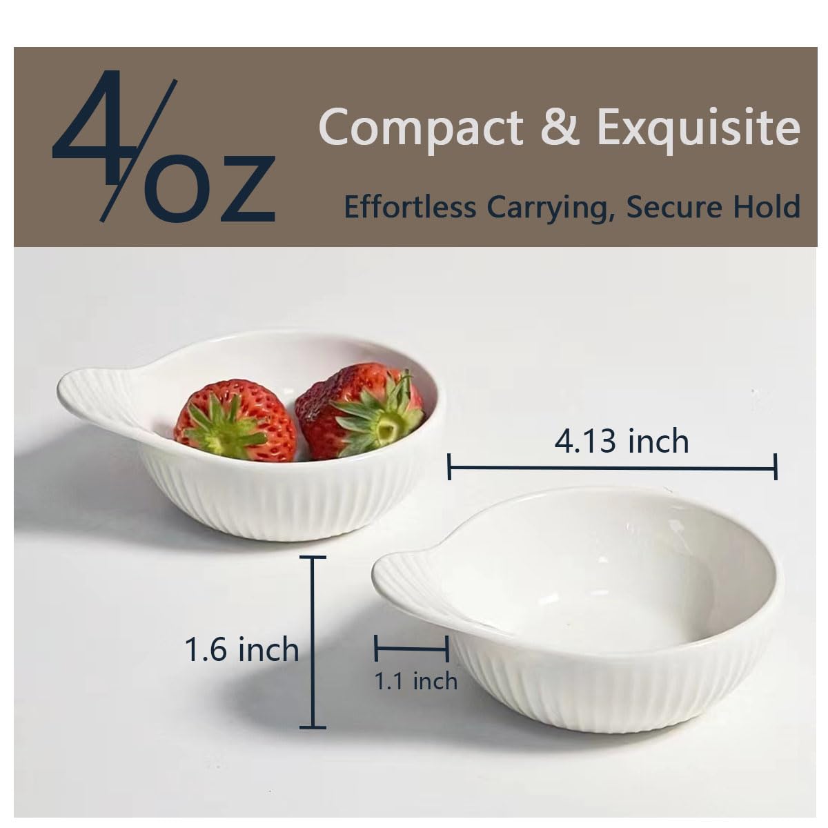 TANZOIJI Porcelain Sauce Bowls with Handle, White, 4 oz / 4 Inch, Microwave Dishwasher Oven Safe, Small Ceramic Serving Bowls for Dipping Snacks Condiments Dessert, Set of 4