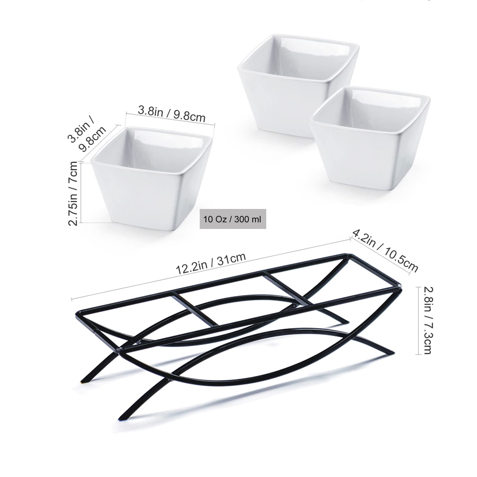 UNICASA Square Ramekin Bowls 10 oz, Condiment Serving Tray with Metal Rack Stand - Chips and Dips Snack Tray for Party - White Side Dish for Appetizer, Fruit, Nuts, Ice Cream, Candy