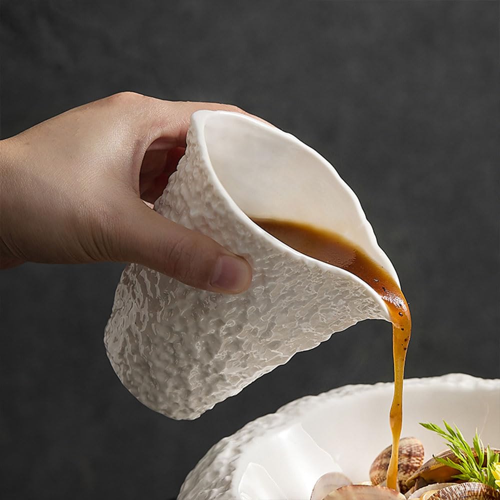 Vitbunana Rock Pattern Ceramic Gravy Boat, Small Capacity Ceramic Gravy Bowl, Handleless Creamer Pitcher with Dripless Lip, Suitable for Gravy, Sauce, Salad Dressing, Milk (White)