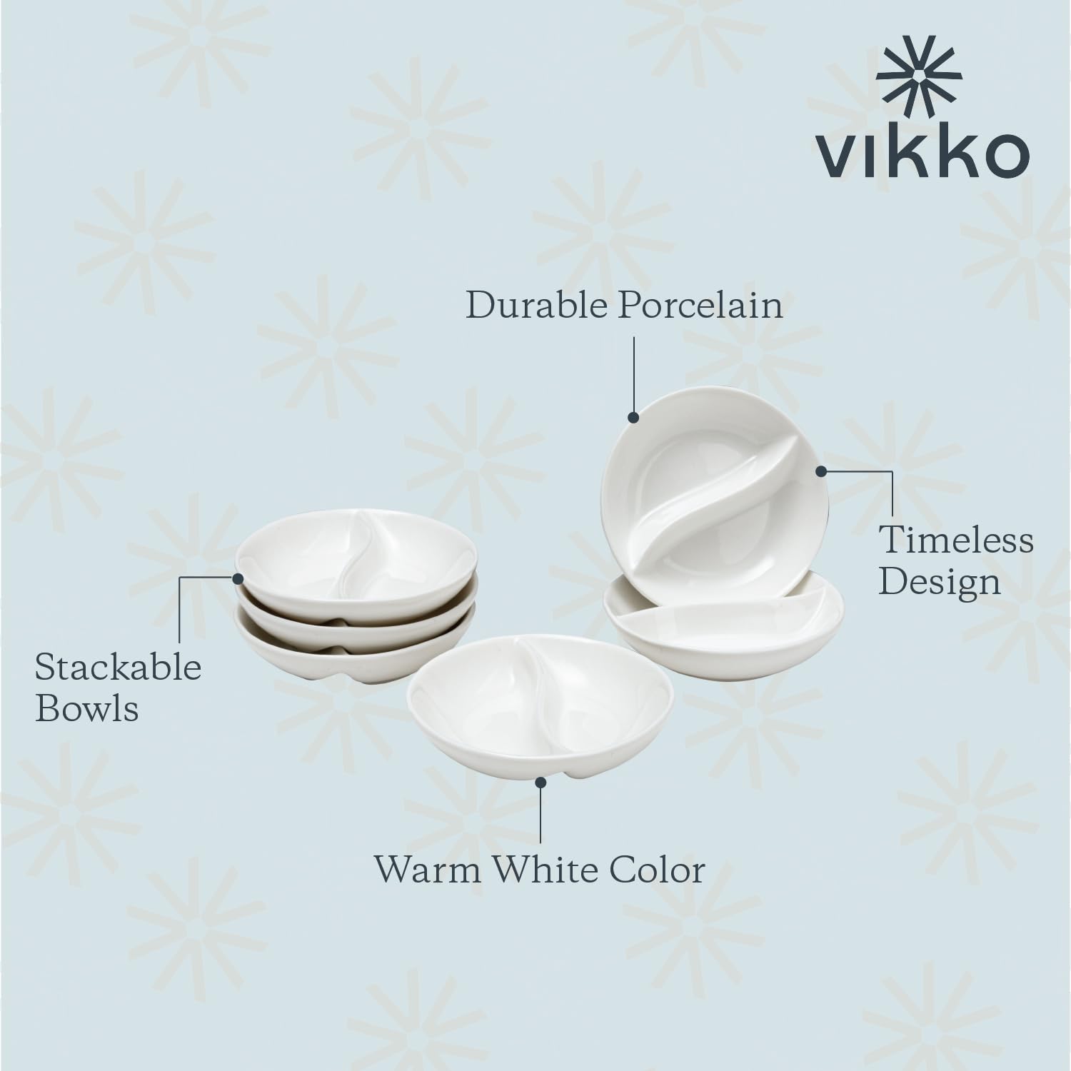 Vikko Mini White Sectional Dish, Set of 6 Porcelain Dipping Sauce Bowls, Small Serving Dish for Condiments, Stackable Round Spice Bowls