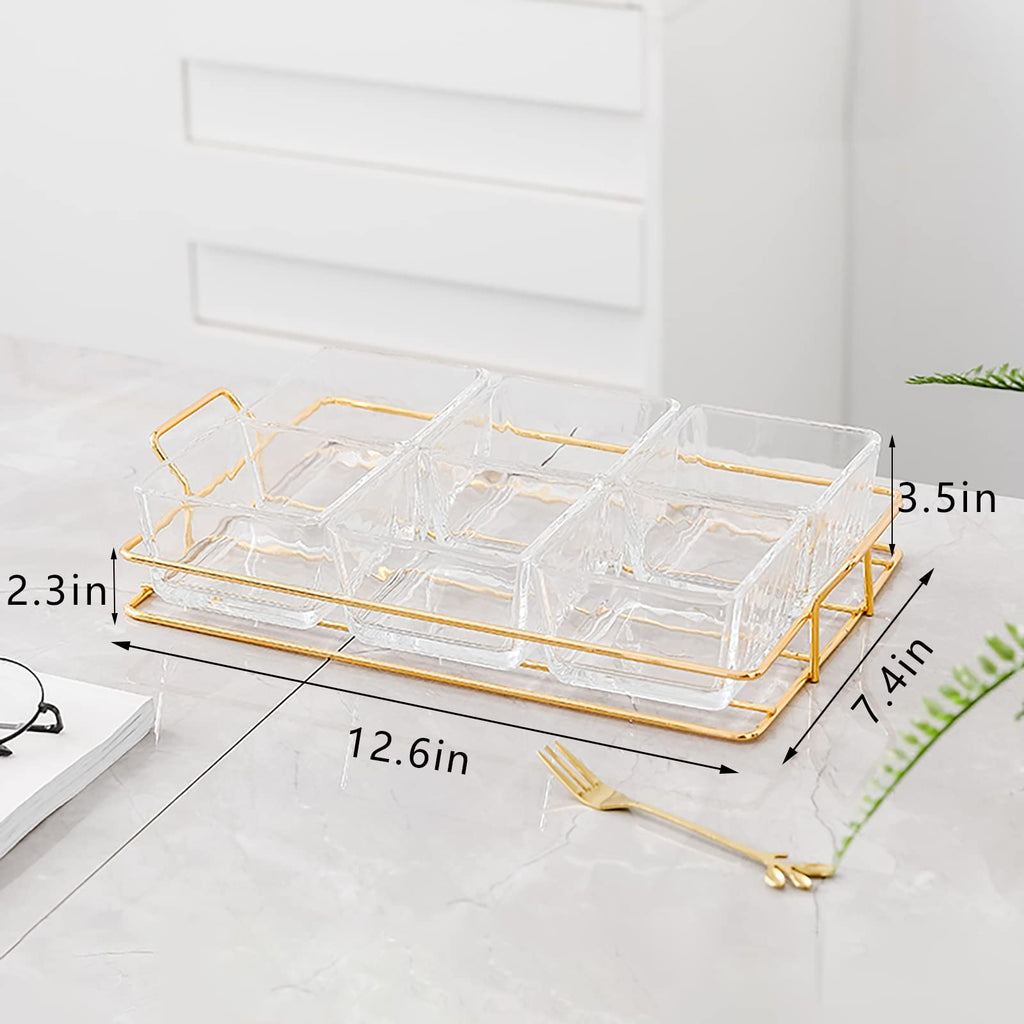 6 Clear Glass Serving Bowls Set with Gold Metal Rack Tray, Removable Condiment Dishes Serving Bowls Buffet Server Food Display Relish Tray for Fruit Dessert Appetizer Nuts Snacks Candy Chip Dip Bowl
