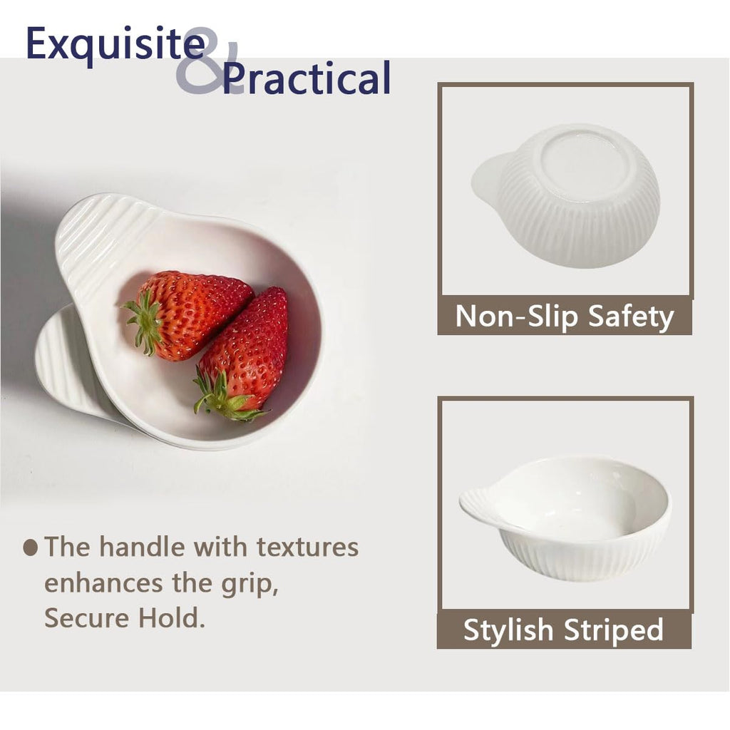 TANZOIJI Porcelain Sauce Bowls with Handle, White, 4 oz / 4 Inch, Microwave Dishwasher Oven Safe, Small Ceramic Serving Bowls for Dipping Snacks Condiments Dessert, Set of 4
