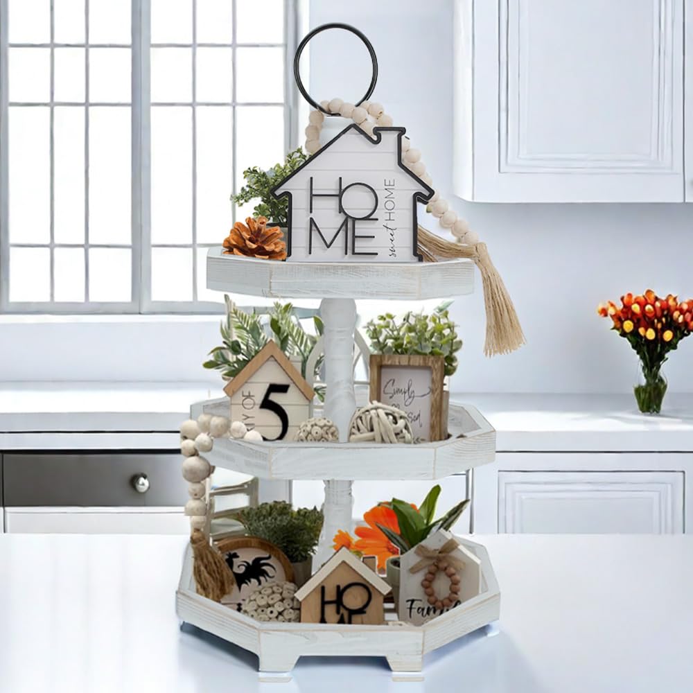 3 Tiered Tray Stand White Tier Serving Tray, Three Decorative Trays, Wooden Cupcake Stand 3 Tiered Farmhouse Tray for Home Decor(L 13.8” W 12.5” H 21.8”)