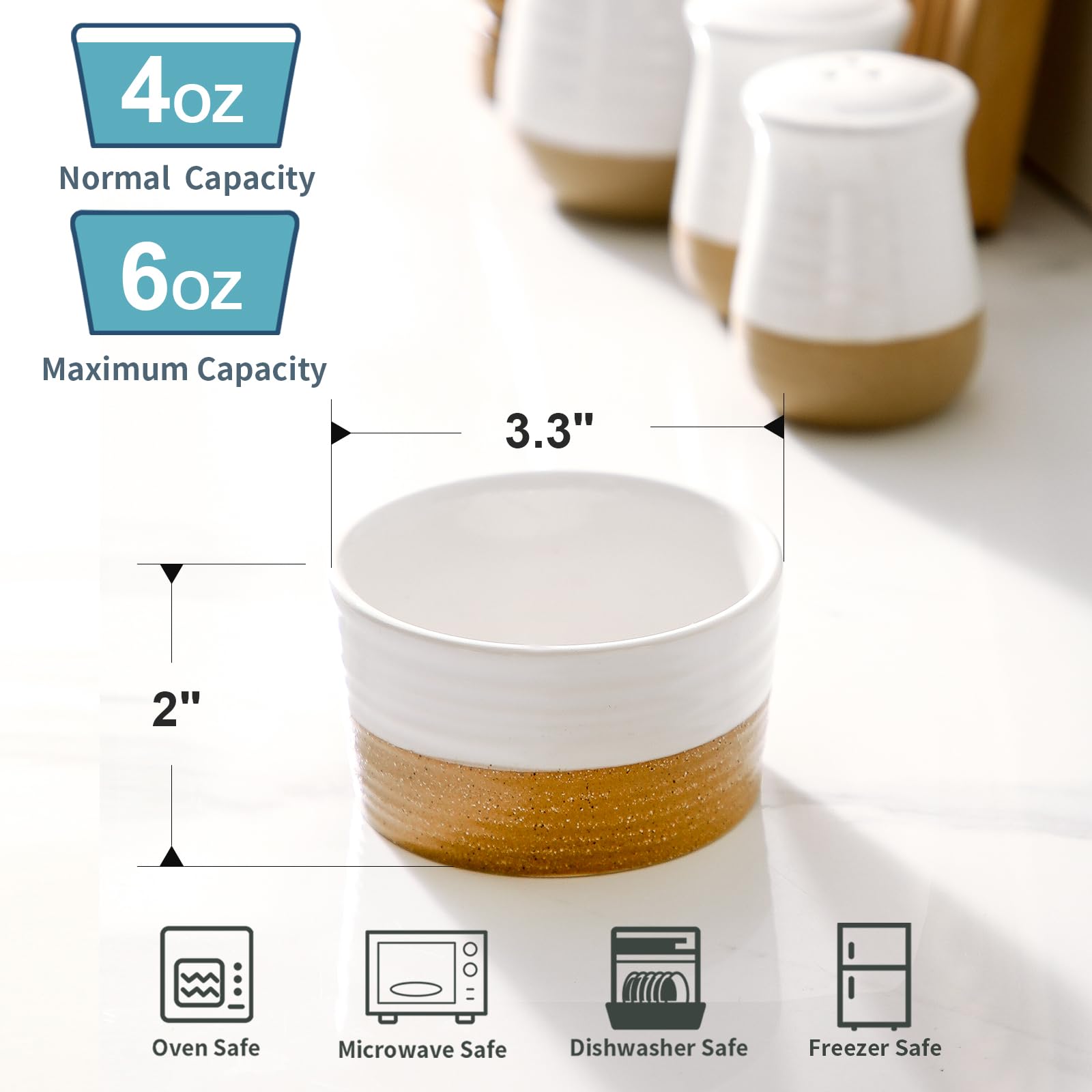 Hasense Ramekins, 6 oz Stoneware Ramekin Oven Safe Set of 6, Mini Ramekins Bowls for Dipping, Brulee, Custard, Farmhouse White Wedding Gift