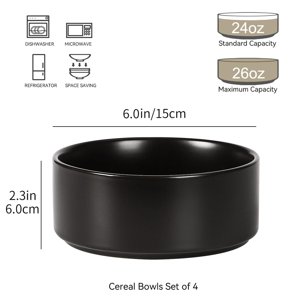GZG Ceramic Cereal Bowls Set of 4,6 Inch Stoneware Soup Bowls,Dishwasher and Microwave Safe,Stackable,Scratch Resistant for Oatmeal,Fruit,Salads and Rice(Matte Black)