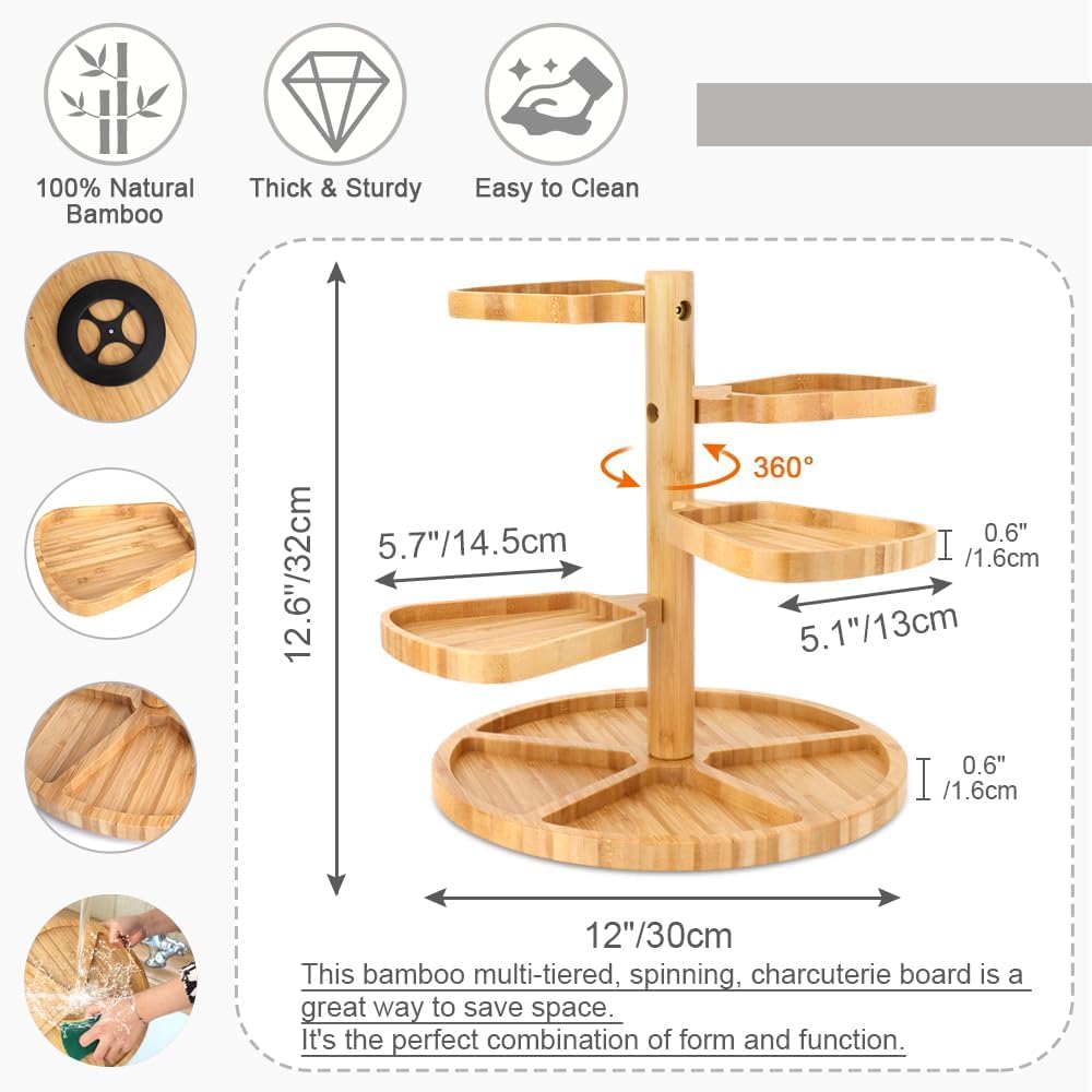 Natree Tiered Charcuterie Boards, 360° Rotating Cheese Board, Bamboo Cheese Platter Easy to Assemble and Clean, Ideal Gift for Halloween, Christmas, Thanksgiving, Wedding, Housewarming and Party