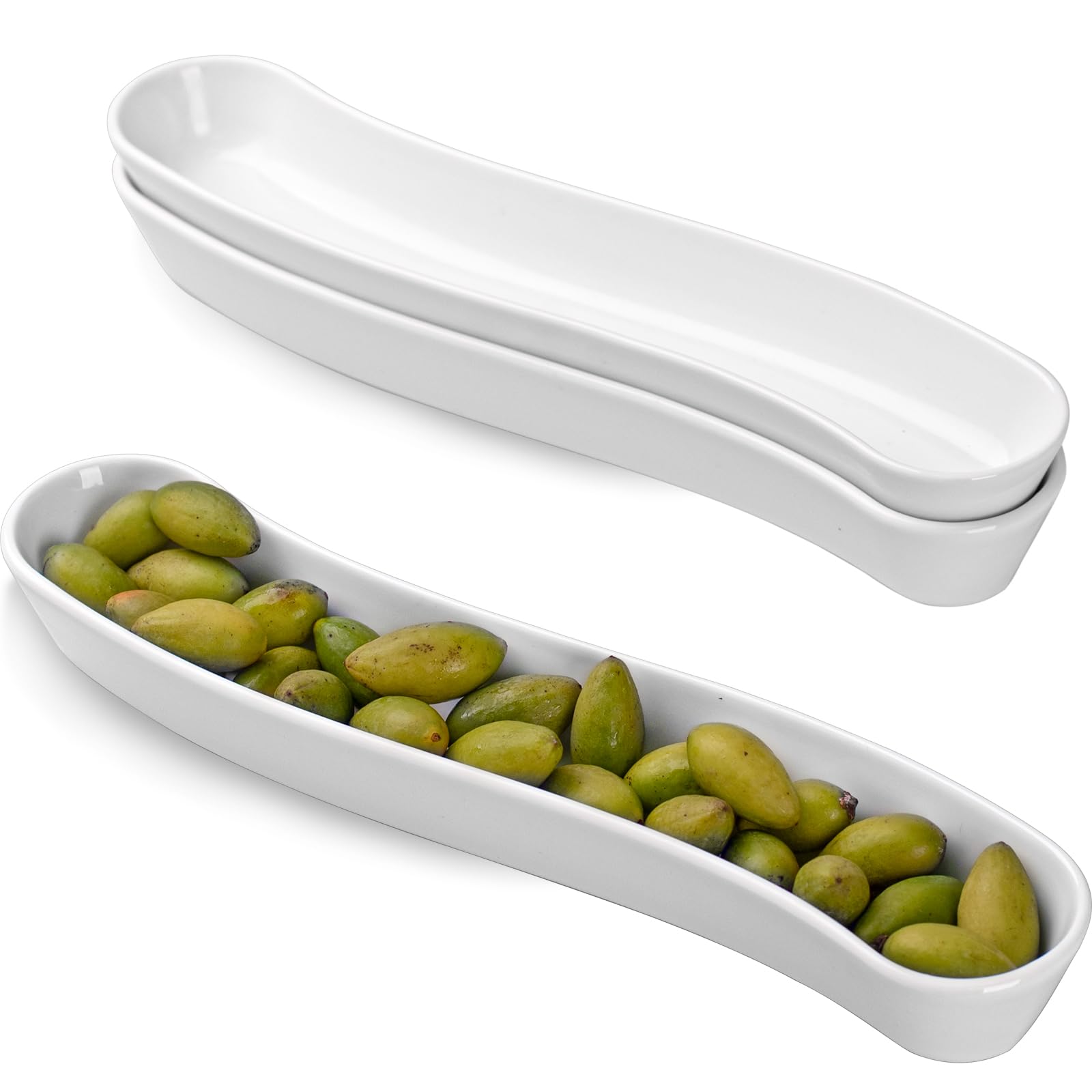 3-Pack Olive Plates-Versatile Ceramic Olive Tray for Snacks, Appetizers Platter-Long Arc Shape Boat Tableware for Entertaining and Displaying Appetizers-Dishwasher & Microwave Safe (12 inches)