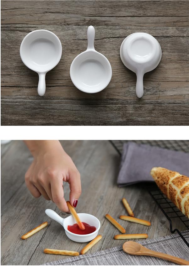 Leoyoubei 5 Packs Sauce Dish with Handle Grip,Side Dishes 1 Oz White Porcelain Dipping Bowls Appetizer Spoons Ketchup BBQ Sauce Sushi Soy Sauce-Stackable Ramekins