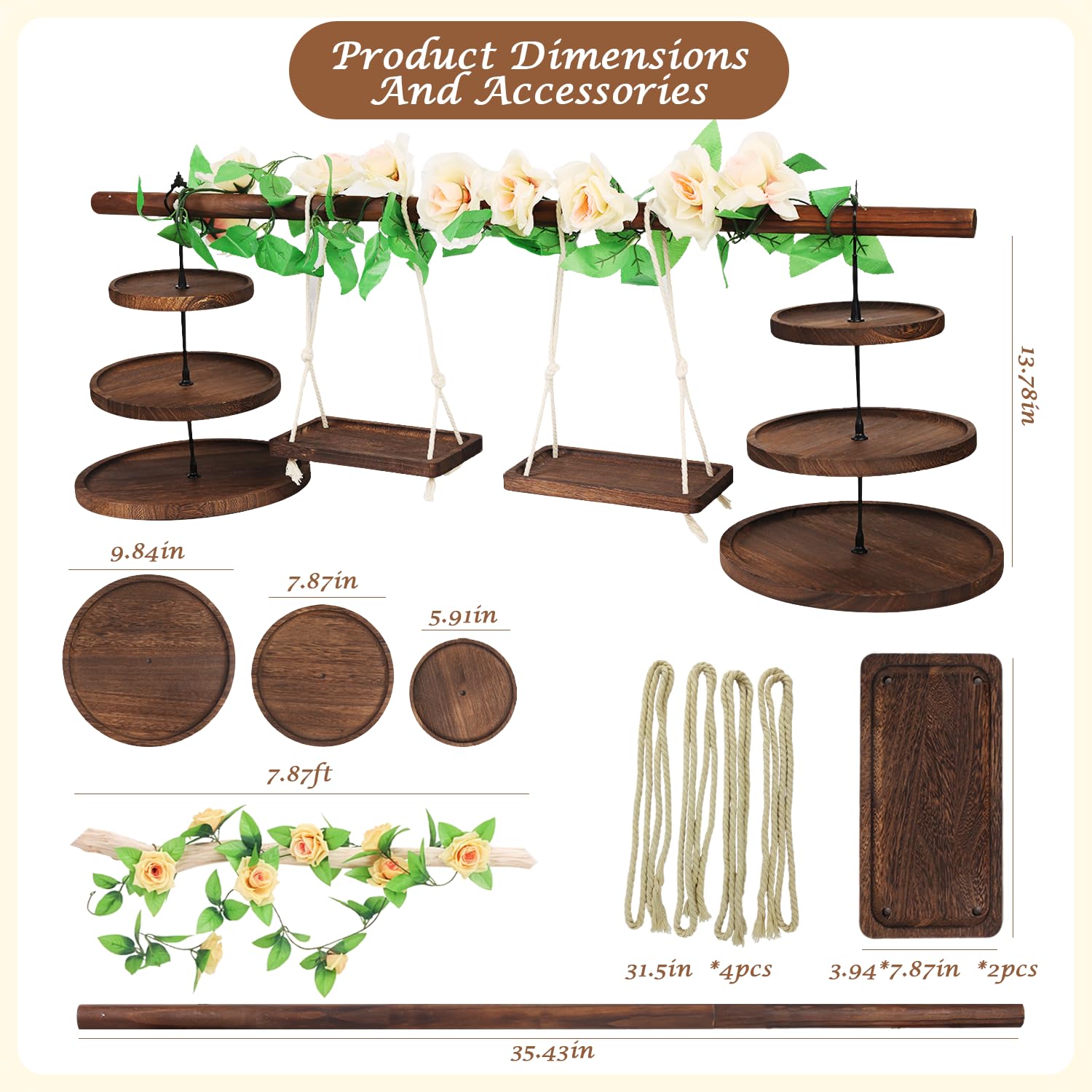 Wooden 3 Tier Cupcake Stand with Swing and Rose Vines Decor, Dessert Table Display Set Rustic Serving Tray Cupcake Tower for Cupcake, Fruit, Donut at Tea Party,Birthday, Baby Shower,Wedding,Christmas