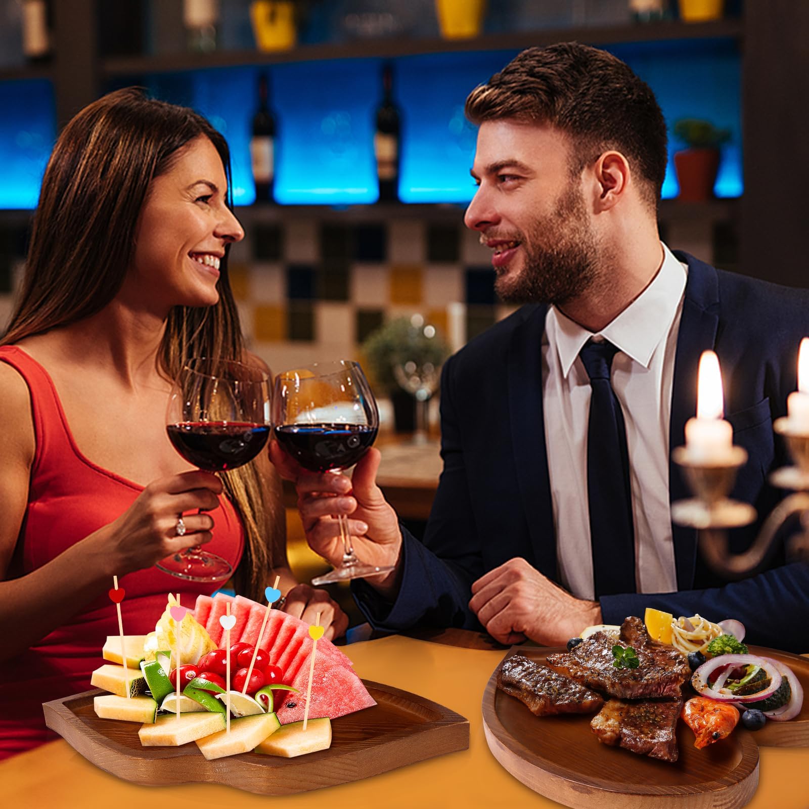 2 Pcs Heart Shaped Charcuterie Board Wood Lips Heart Food Tray Serving Platter with 100 Heart Cocktail Picks Valentines Charcuterie Board Cheese Board for Valentine's Day Decor Kitchen Accessories