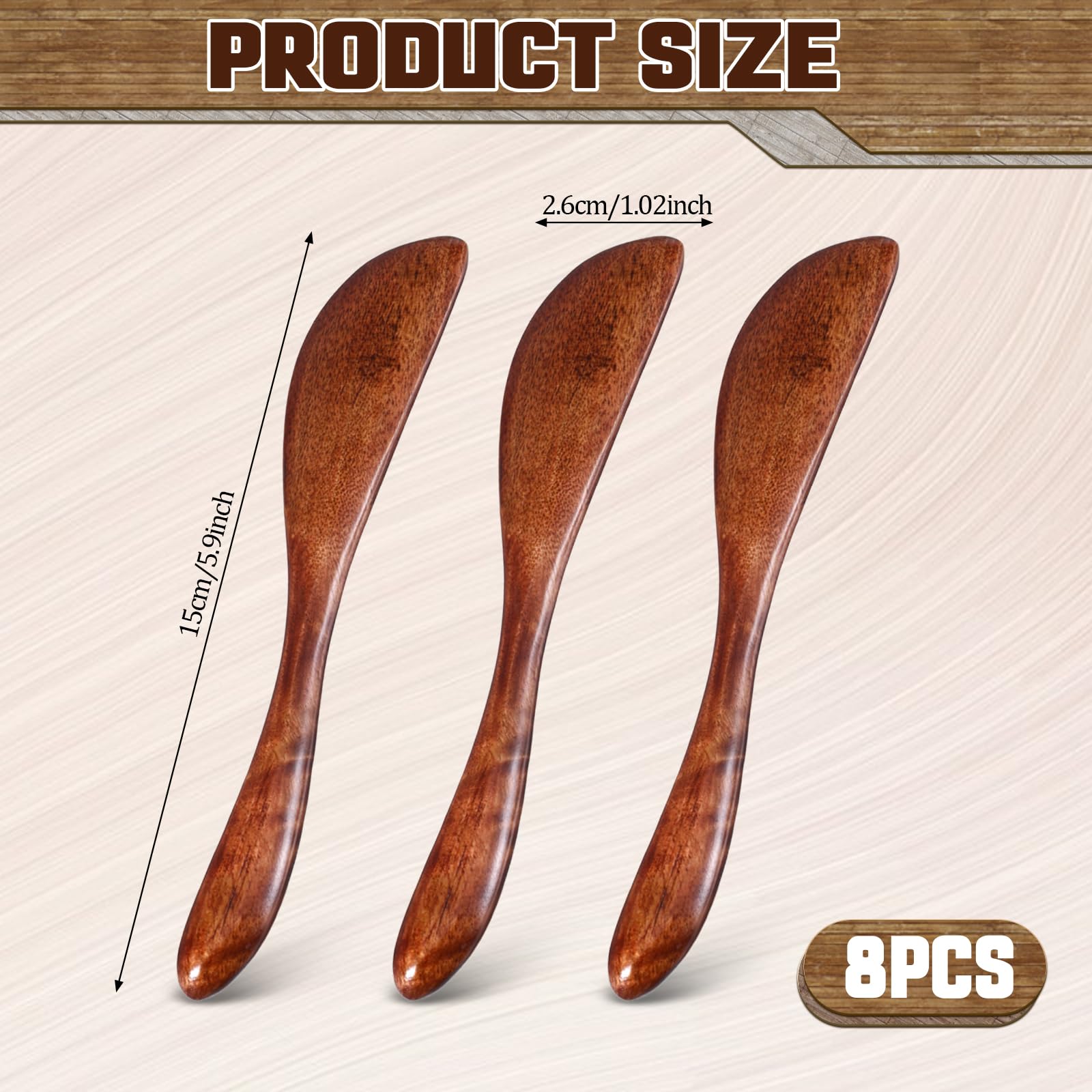 8 PCS Wooden Butter Knife Spreader, Butter Sandwich Condiment Cheese Spreader Knives,Thickened Solid Wood & Comfortable Feel Wooden Butter Knife Spatulas for Kitchen Restaurant