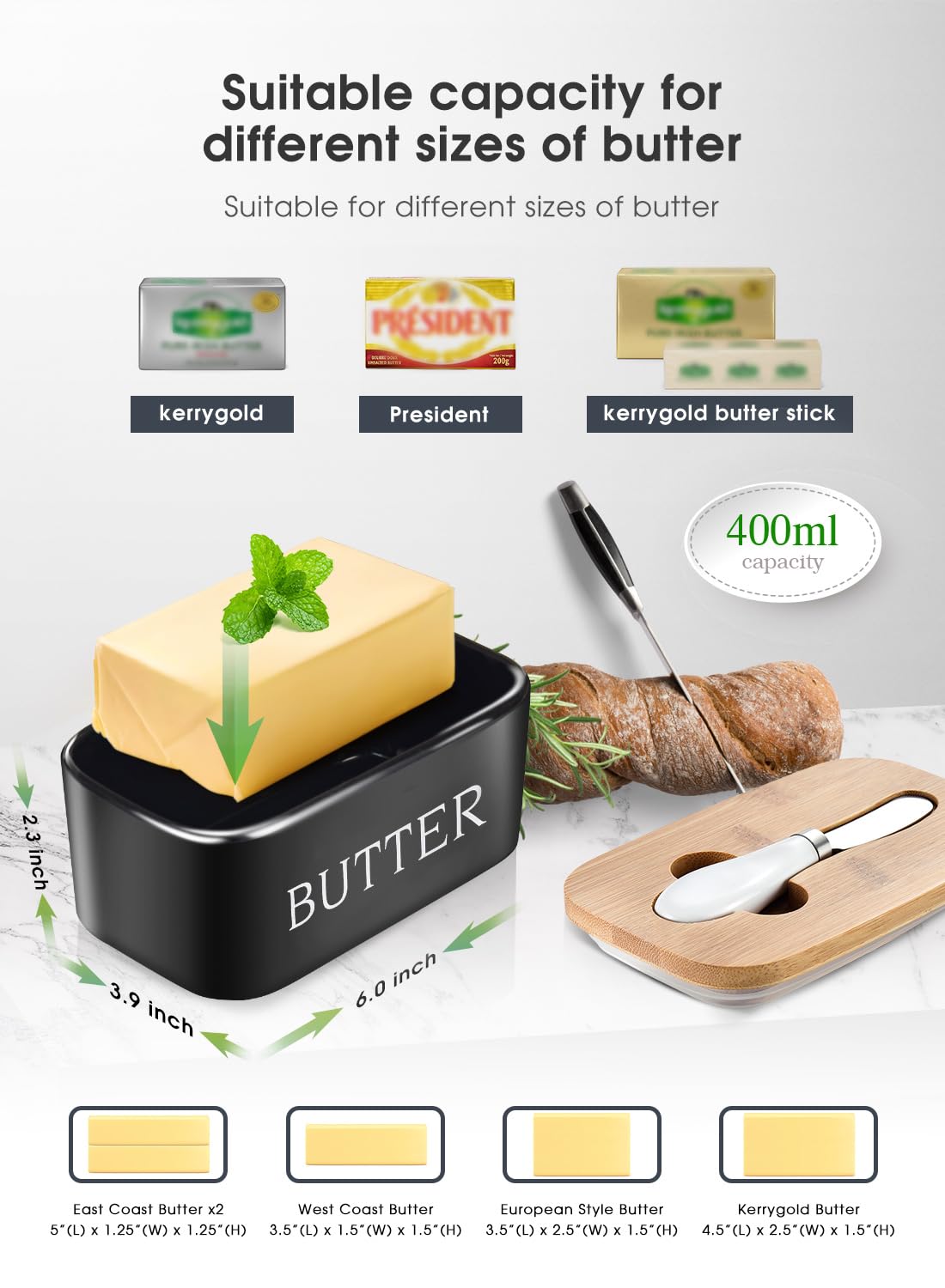 Butter Dish with Lid: Large Butter Dish for Countertop - Ceramic Butter Keeper Container with Knife and High-Quality - Silicone Sealing Butter Box for Home Decor Good Kitchen Gift Black