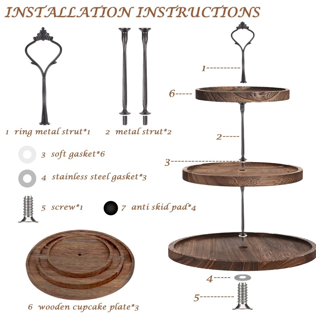 Wooden 3 Tier Cupcake Stand with Swing and Rose Vines Decor, Dessert Table Display Set Rustic Serving Tray Cupcake Tower for Cupcake, Fruit, Donut at Tea Party,Birthday, Baby Shower,Wedding,Christmas