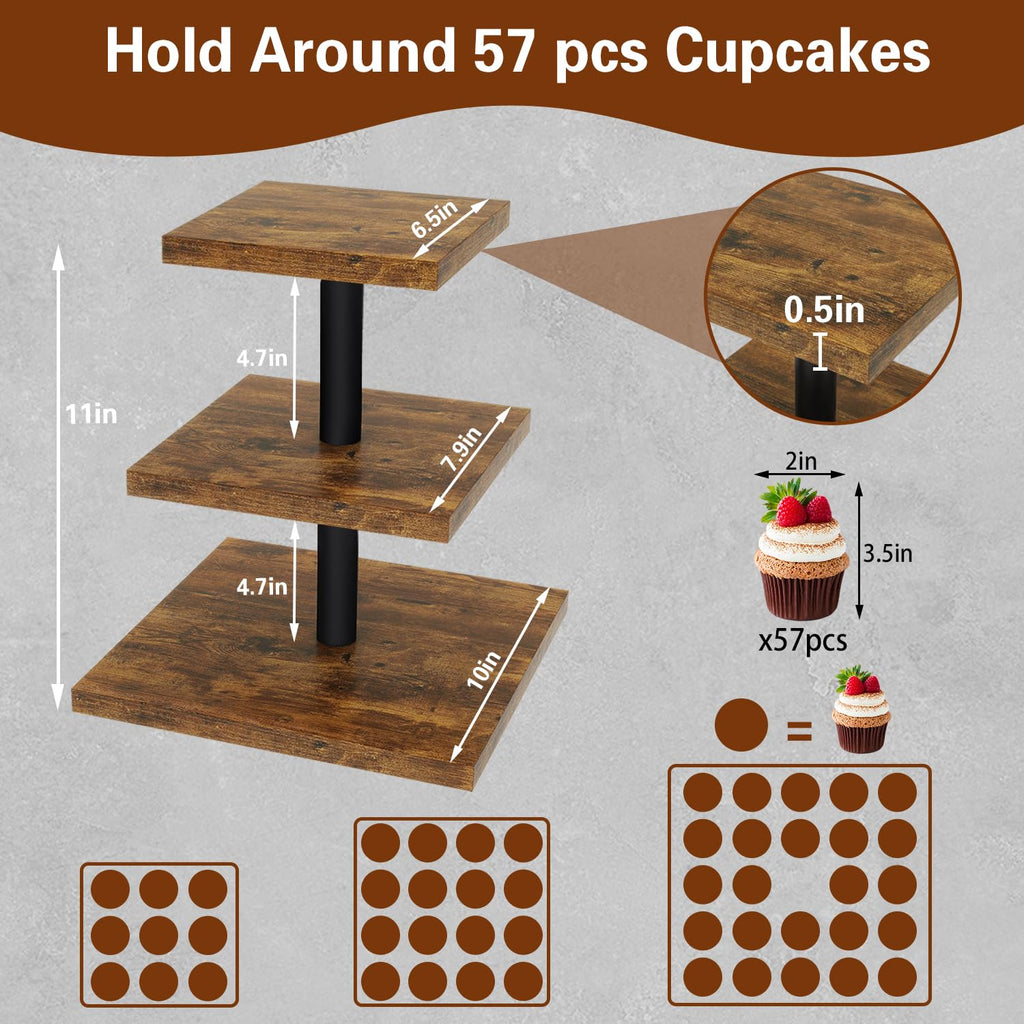 IBUYKE 3 Tier Cupcake Stand,Set of 2,Cupcake Tower,Square Serving Dessert Display Stand,Cupcake Tray Stand,Dessert Tree Tower for Christmas Birthday,Home Party, Wedding,Rustic Brown UTLJ014H-2