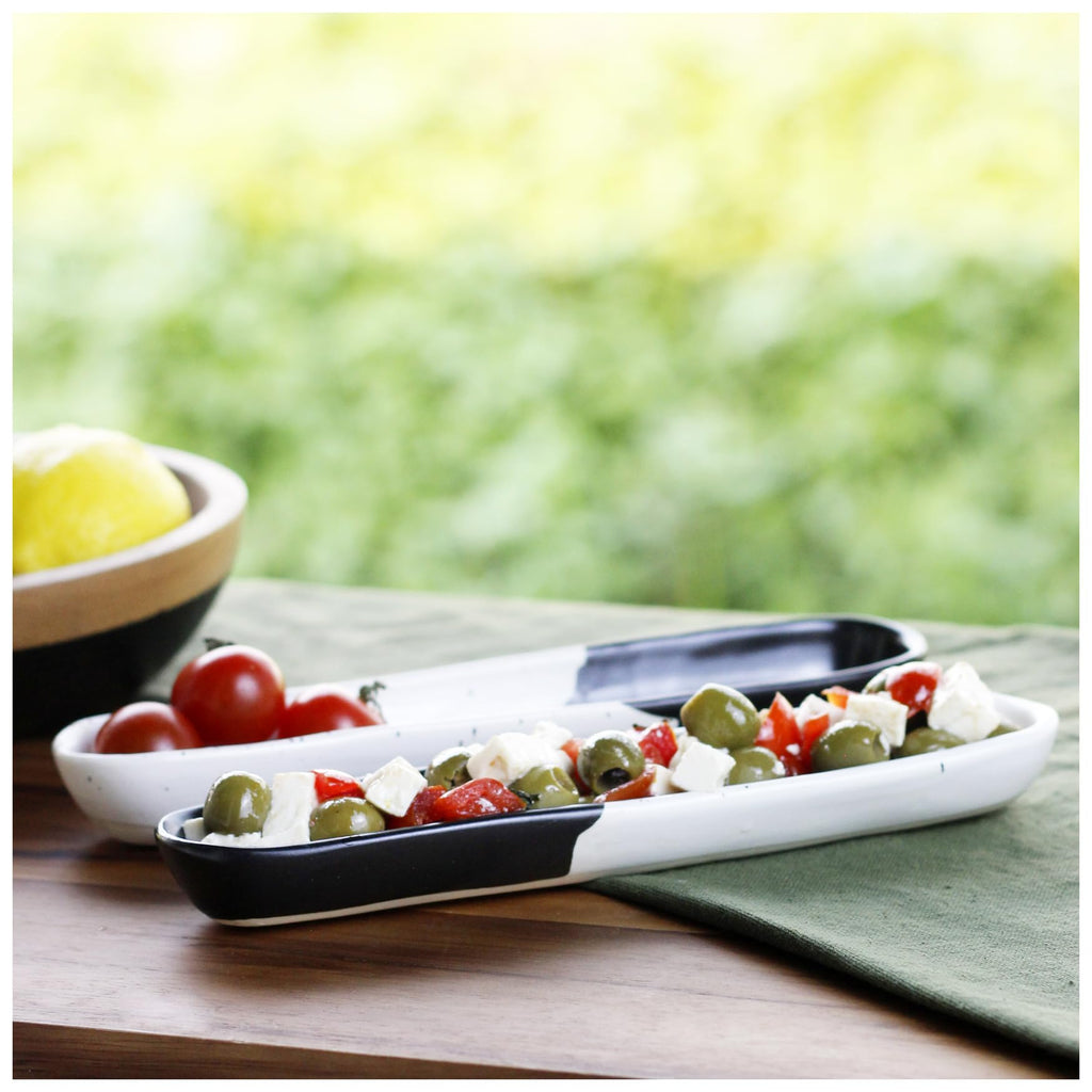 roro Black and White 9-Inch Long Ceramic Olive Tray - Set of 2 | Handcrafted Speckled Stoneware for Charcuterie, Olives, Nuts, Sauces, and Small Appetizers