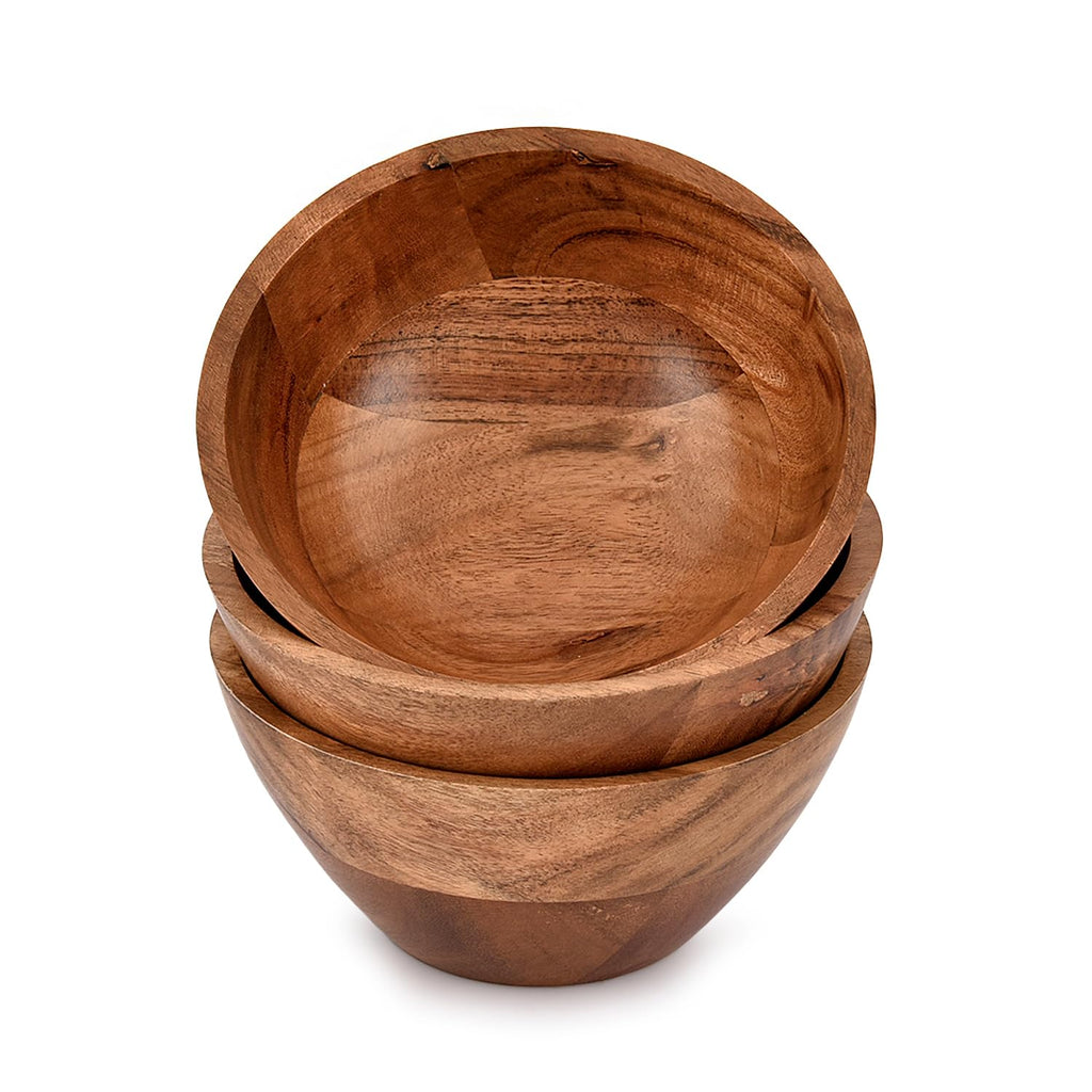Kimona Bowl Sets of 6 Acacia wood Hand carved wooden Kitchen Mini Cups for dipping sauce, salsa, Prep, salt & Condiments (6"" x 6"" X 2.75""), (Set of 3), Brown