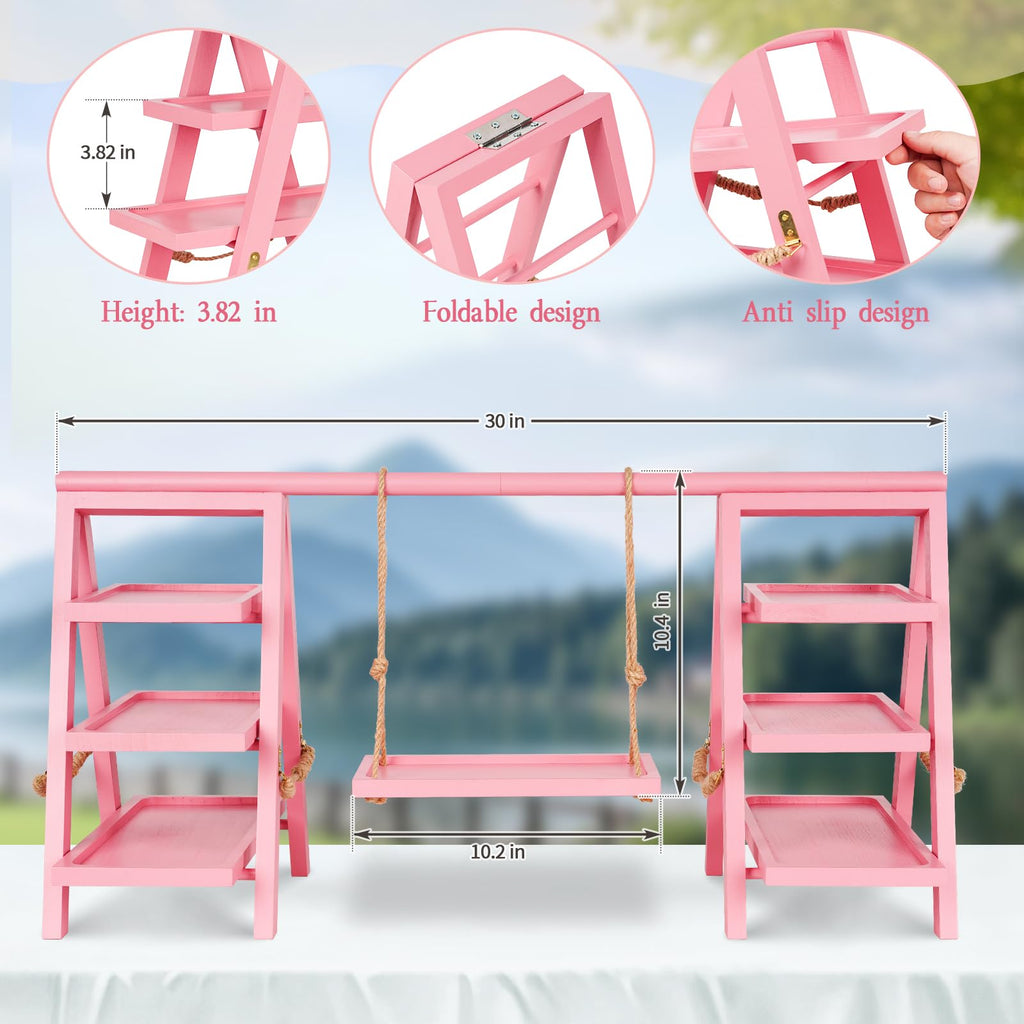 Flenpptly Wooden Cupcake Stand, 3 Tier Cupcake Display Stand for Dessert Display, Dessert Stands with Serving Tray and Foldable Stand for Party, Birthday, Wedding, Events, Baby Shower (Pink)
