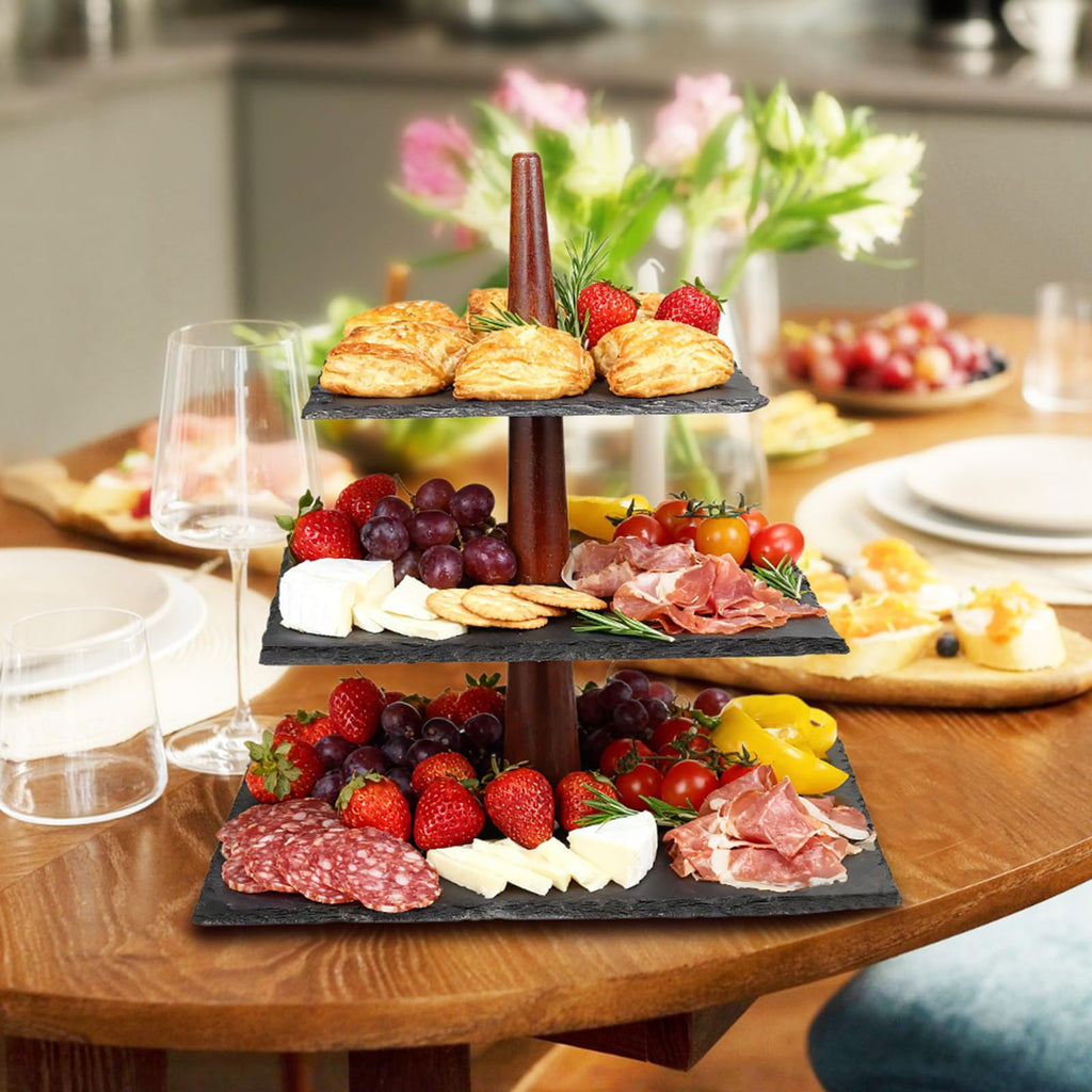 3 Tier Serving Tray Stand, Square Slate & Acacia Wood Tiered Display for Desserts, Appetizers, Cupcakes - Rustic Modern for Weddings, Parties, Christmas
