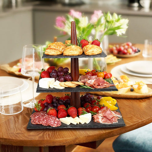 3 Tier Serving Tray Stand, Square Slate & Acacia Wood Tiered Display for Desserts, Appetizers, Cupcakes - Rustic Modern for Weddings, Parties, Christmas