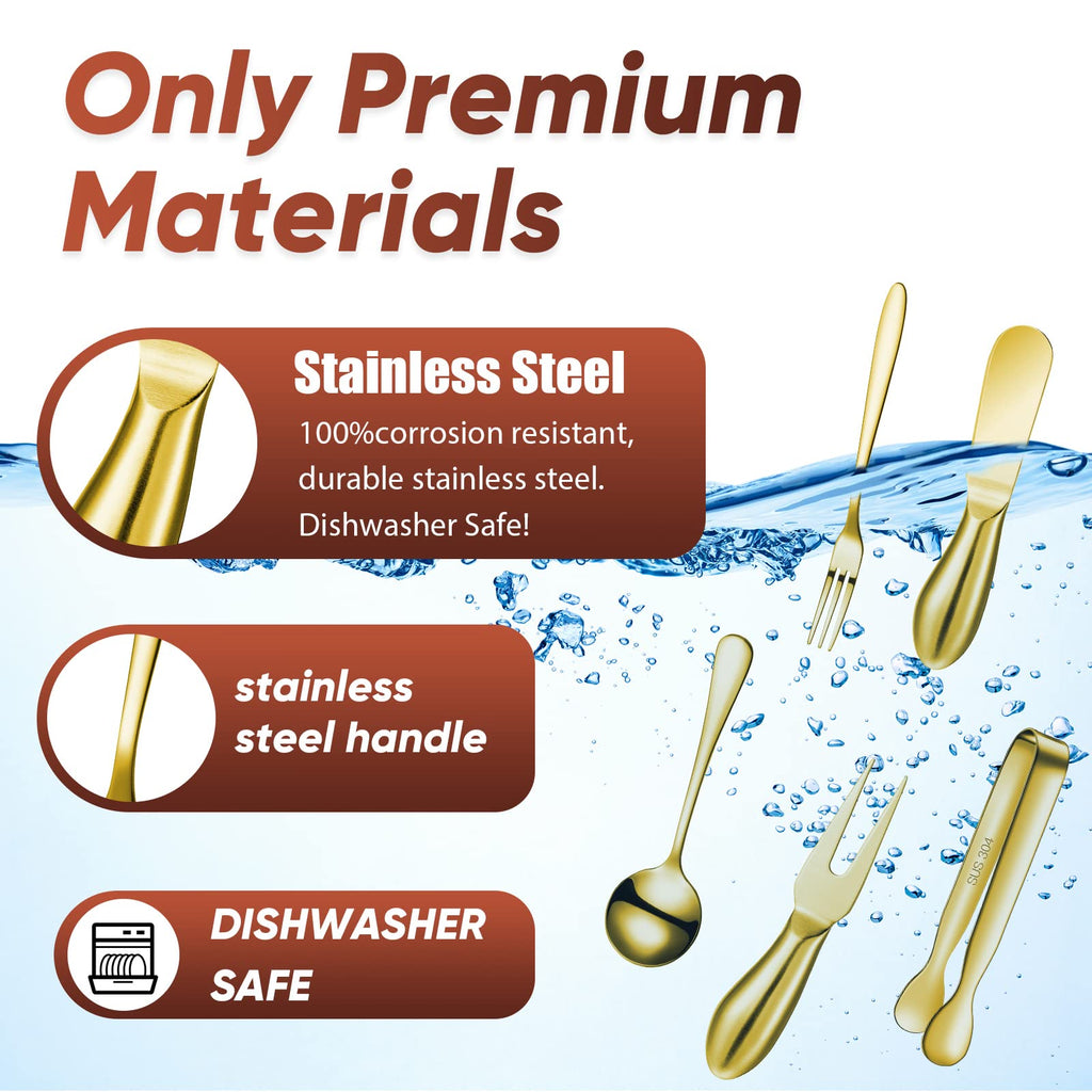 Patelai Charcuterie Board Accessories Cheese Spreader Knife Set Charcuterie Utensils Butter Knife Stainless Steel Mini Serving Tongs Spoons Appetizer Forks for Pastry(Golden,18 Pieces)