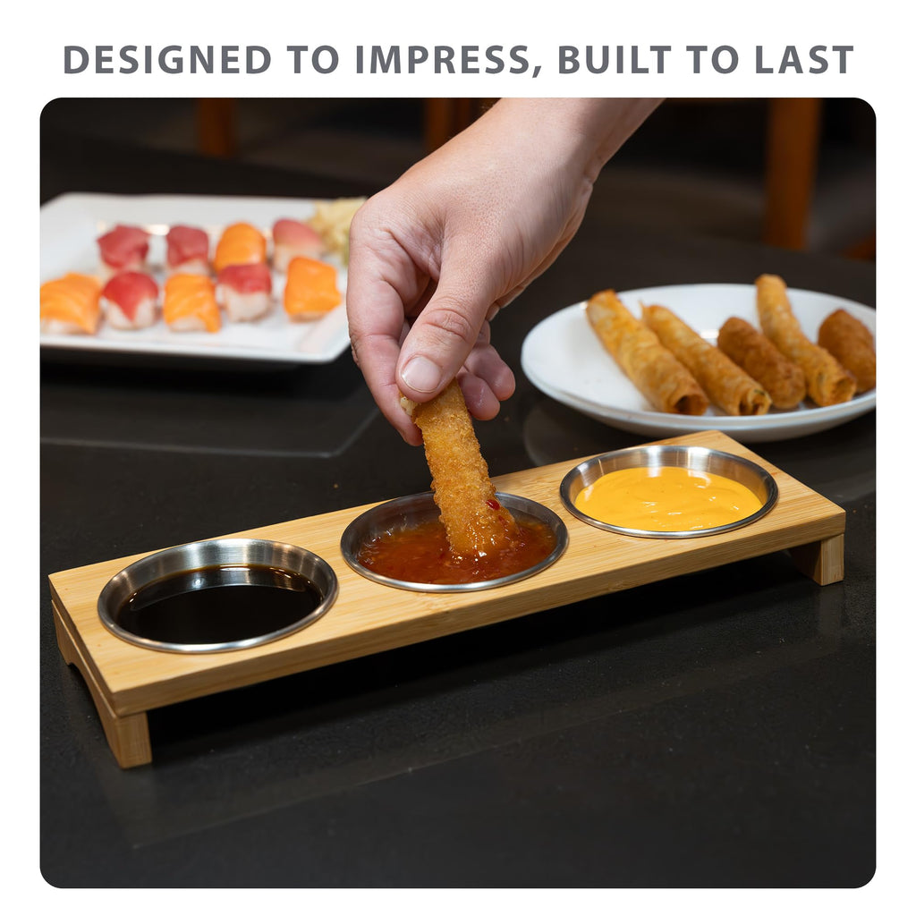Manor Products Chip and Dip Serving Set with Bamboo Wooden Tray, 3.2-inch Stainless Steel Serving Bowls Ramekins - Candy Dish, Soy Sauce Dish, Salsa Bowls, Dip Tray for Condiments, and Fruit Bowl