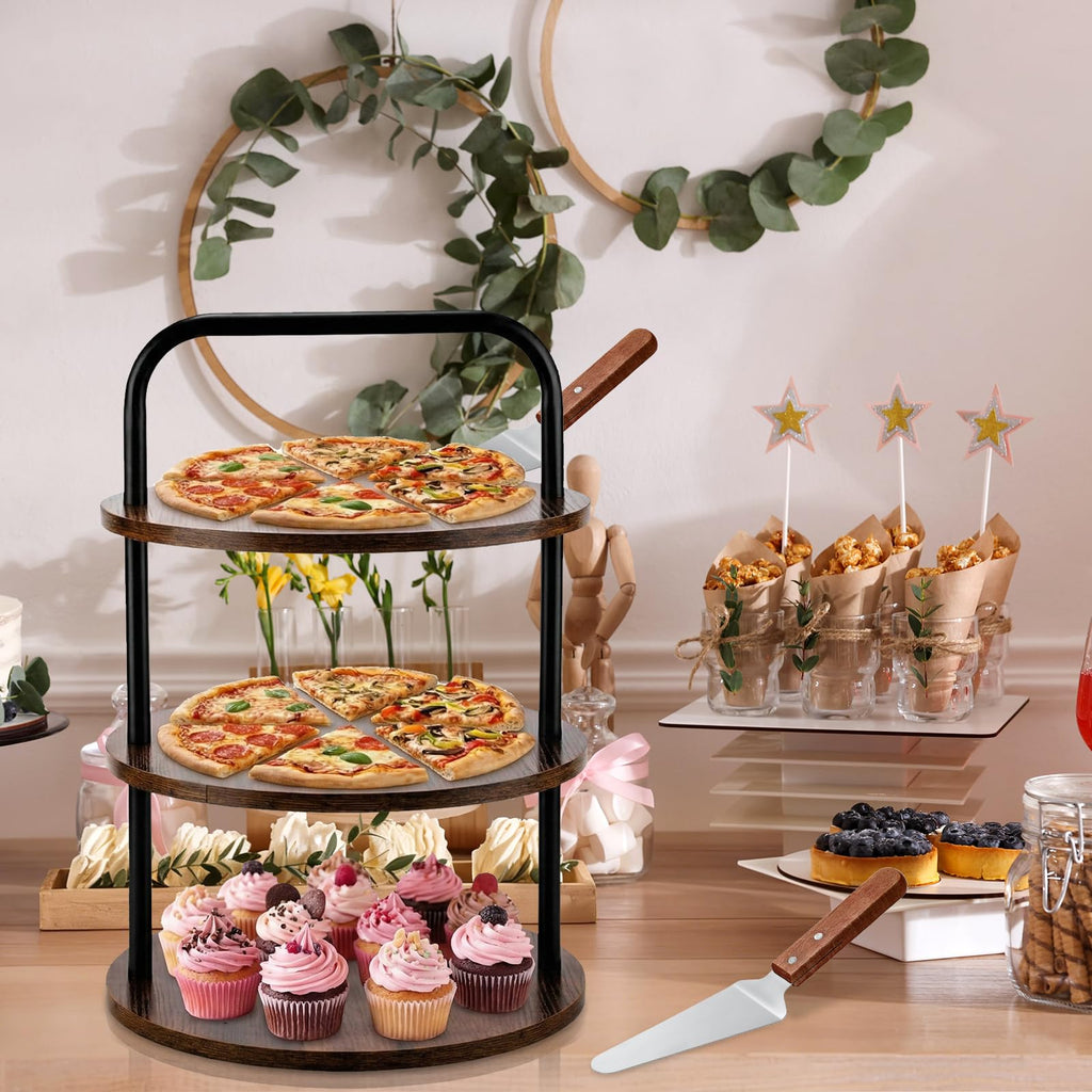 Teecyhooo 4 Pcs Wooden Pizza Stands Tiered Serving Tray Stand with 3 Pizza Servers for Pie Cupcake Dessert Cheese Party Restaurant