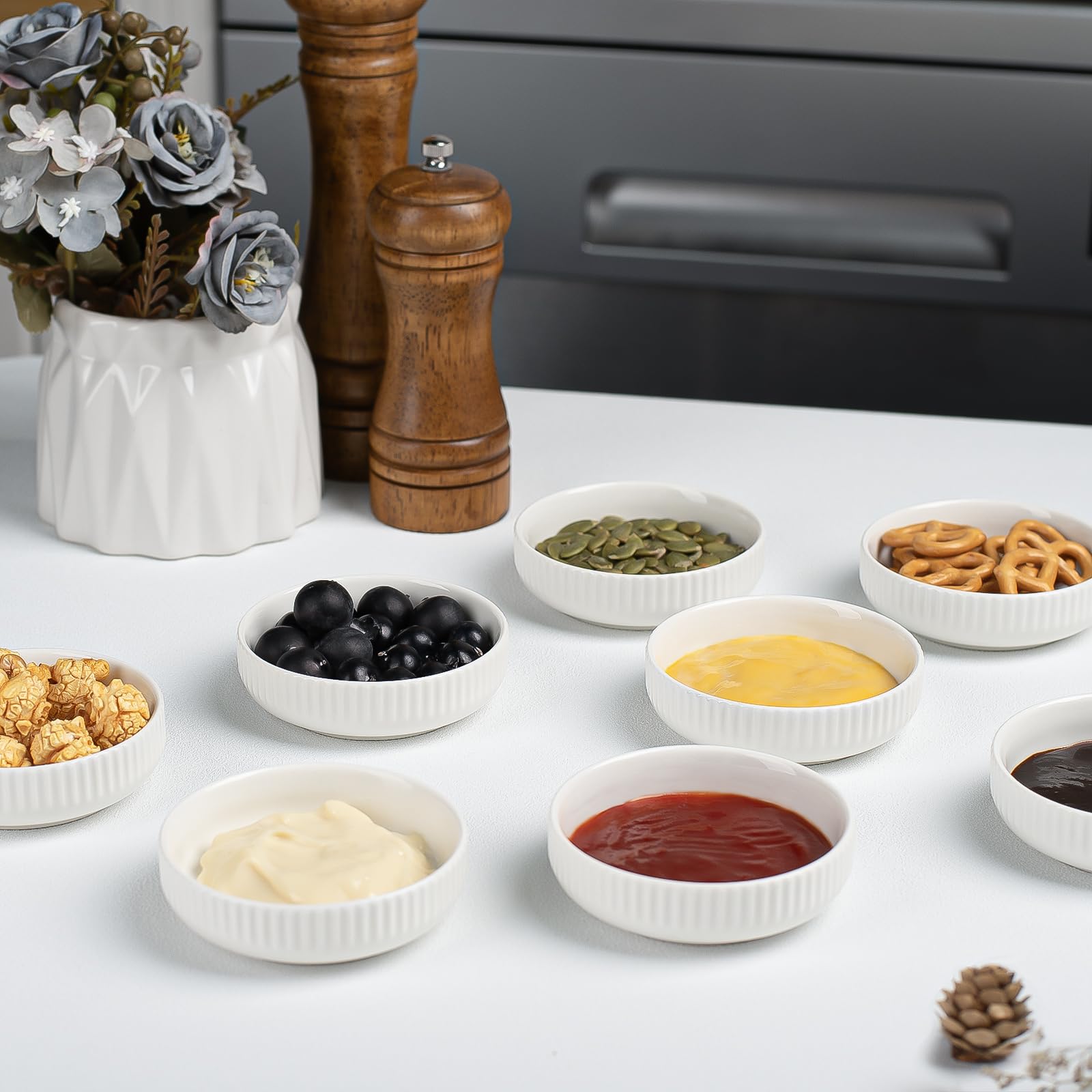 KOBIKOBI 3 Oz 8 Pack Dipping Bowls Set - Ceramic Dipping Sauce, Soy Sauce Dish, Side Dish, Small Serving Bowls for Kitchen, BBQ, Condiments, Appetizer, Dessert, Sushi, Party - White Japanese design