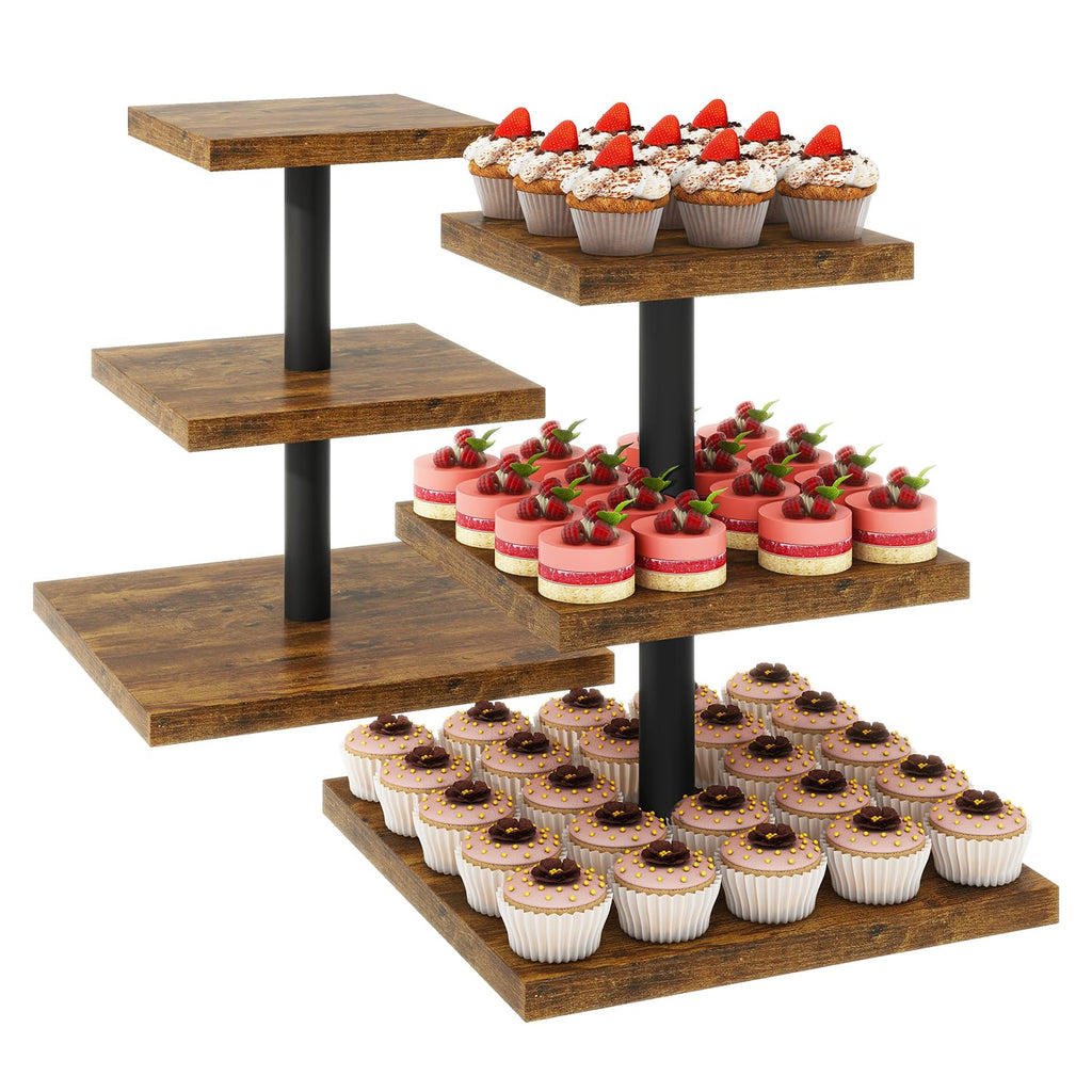 IBUYKE 3 Tier Cupcake Stand,Set of 2,Cupcake Tower,Square Serving Dessert Display Stand,Cupcake Tray Stand,Dessert Tree Tower for Christmas Birthday,Home Party, Wedding,Rustic Brown UTLJ014H-2