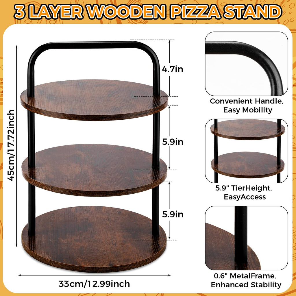 Teecyhooo 4 Pcs Wooden Pizza Stands Tiered Serving Tray Stand with 3 Pizza Servers for Pie Cupcake Dessert Cheese Party Restaurant