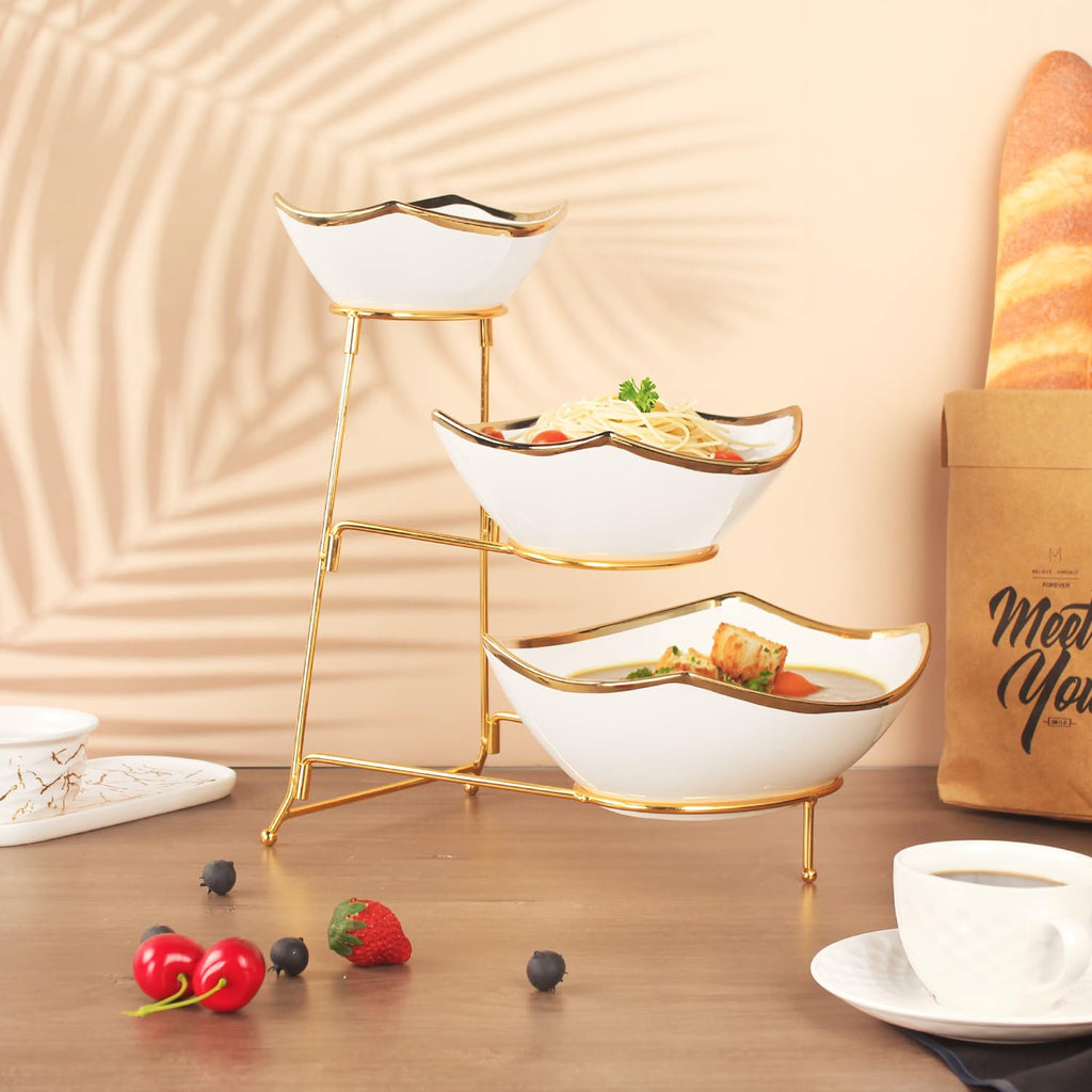 LIUYWYHCF 3-Tier Serving Rack with Ceramic Serving Bowls, Foldable Gold Stand with 3 Pieces 7.1"+8.5"+10.2" Gold Rim Large Bowls, Bowl for Food Display, Fruit, Dessert Server Display and Entertaining