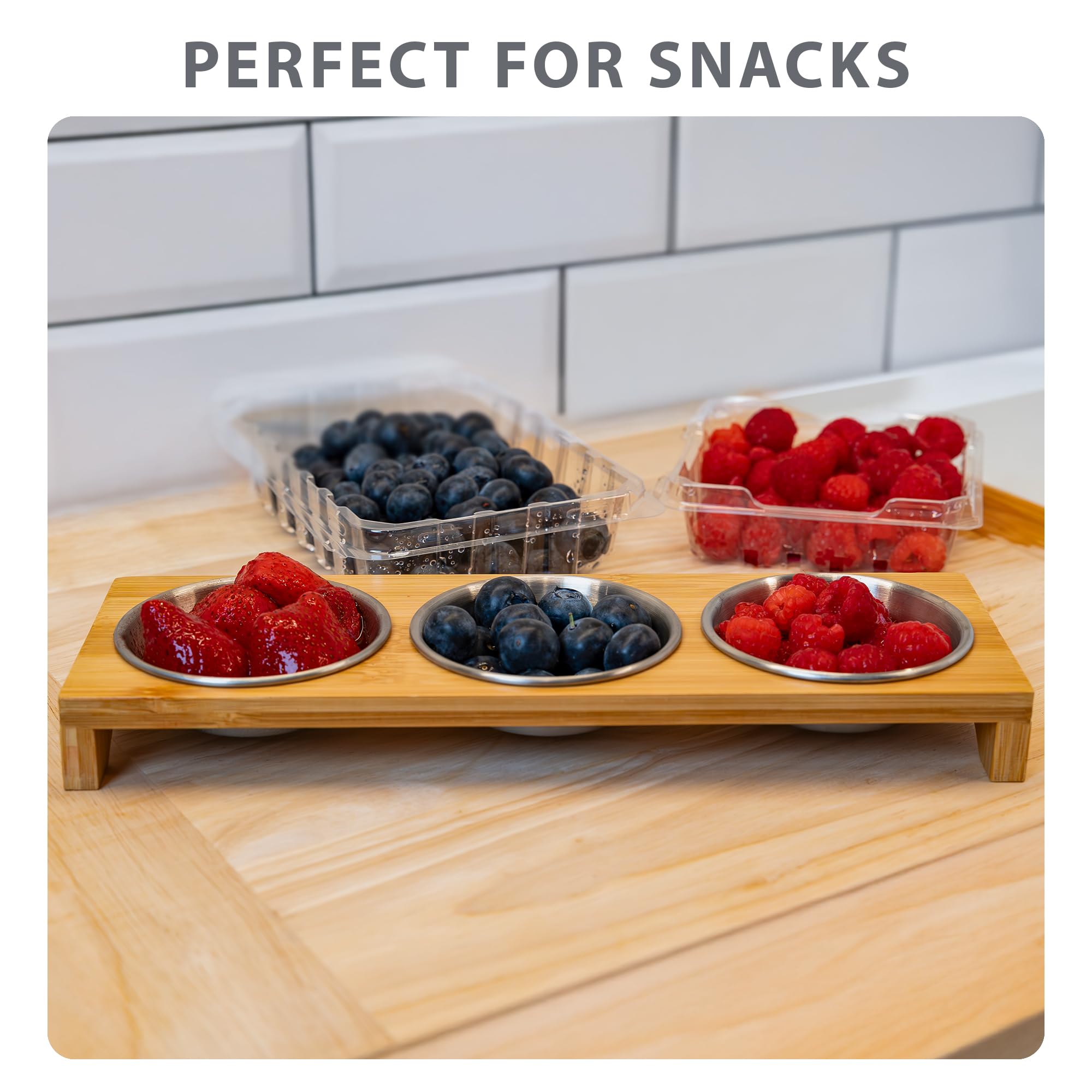 Manor Products Chip and Dip Serving Set with Bamboo Wooden Tray, 3.2-inch Stainless Steel Serving Bowls Ramekins - Candy Dish, Soy Sauce Dish, Salsa Bowls, Dip Tray for Condiments, and Fruit Bowl