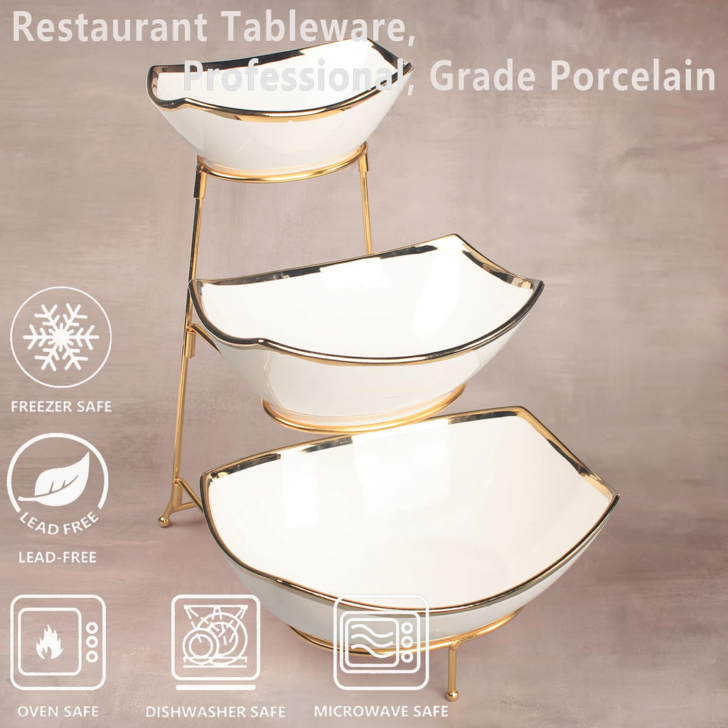 LIUYWYHCF 3-Tier Serving Rack with Ceramic Serving Bowls, Foldable Gold Stand with 3 Pieces 7.1"+8.5"+10.2" Gold Rim Large Bowls, Bowl for Food Display, Fruit, Dessert Server Display and Entertaining