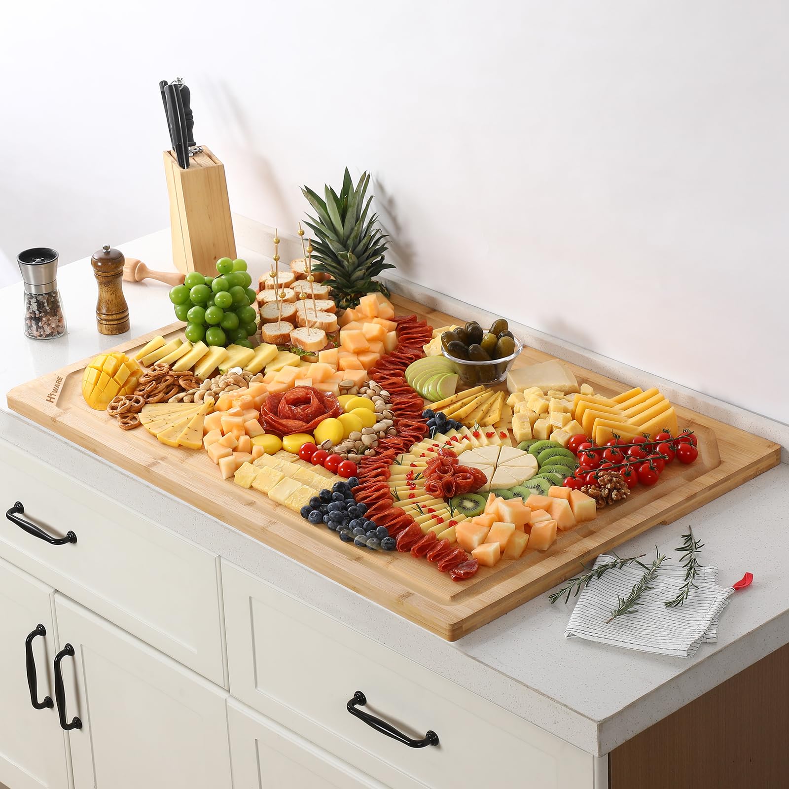 36 x 24 Extra Large Bamboo Cutting Board for Kitchen, Cutting Board Stove Top Cover with Handle, Butcher Block Chopping Board with Juice Groove, Large Charcuterie Board Over the Sink